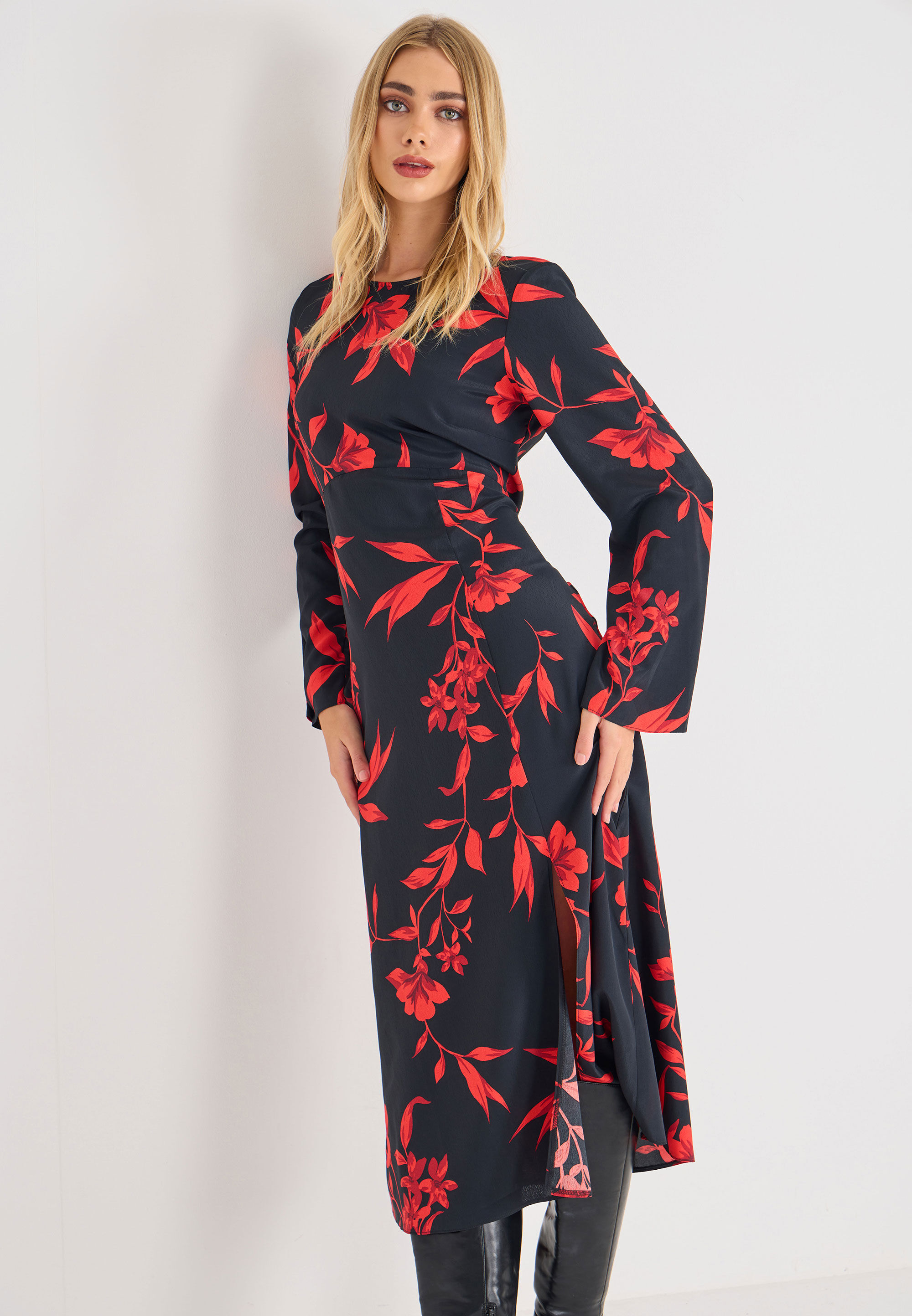 Womens Black & Red Floral Midi Dress