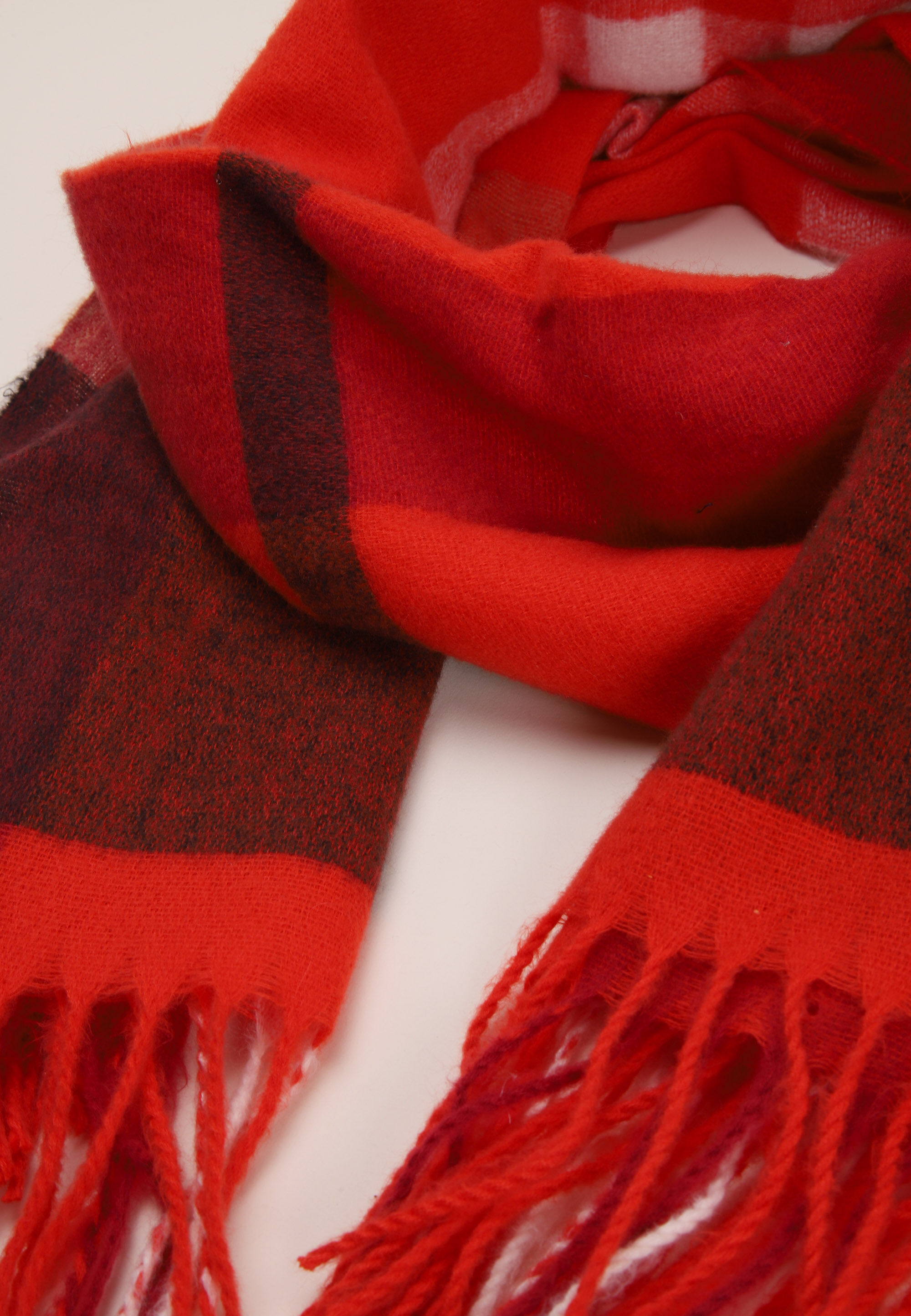 Womens Red Fringed Check Scarf