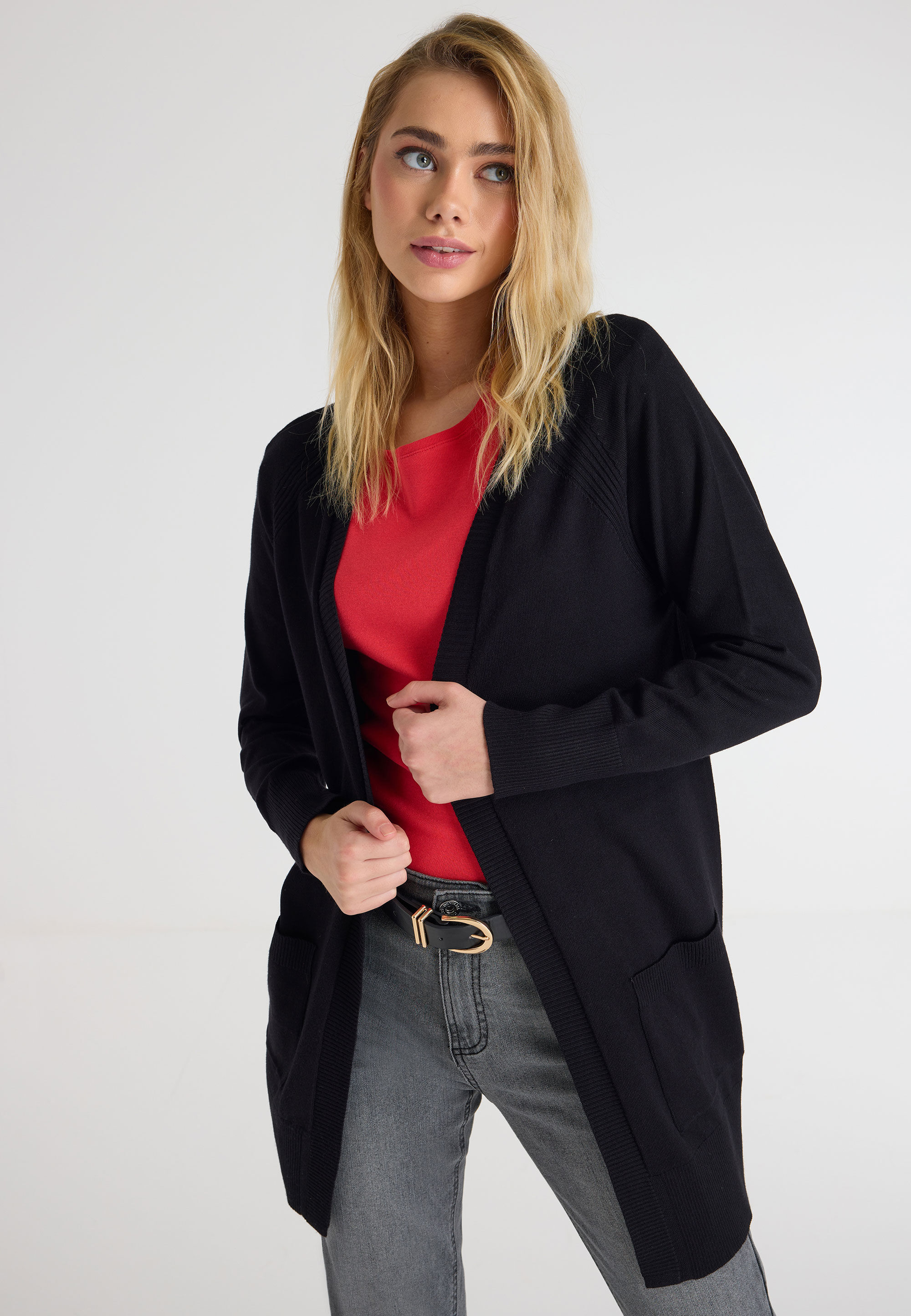 Womens Black Plain Longline Open Cardigan