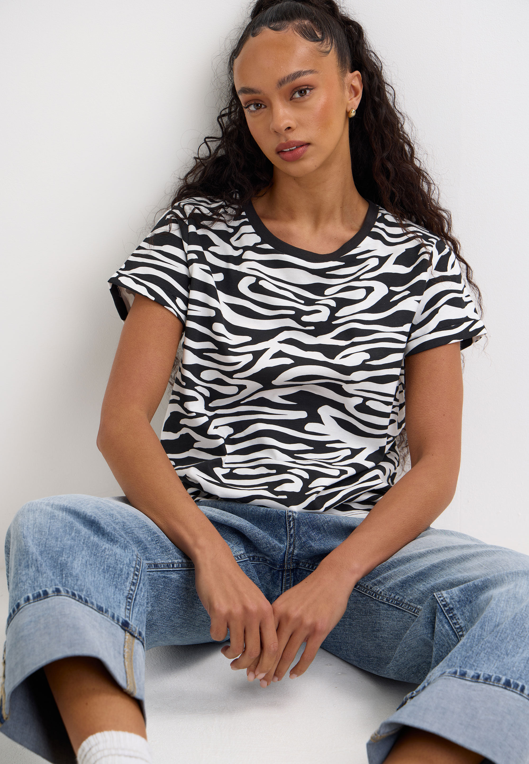 Womens Black Zebra Print Roll Sleeve T-Shirt