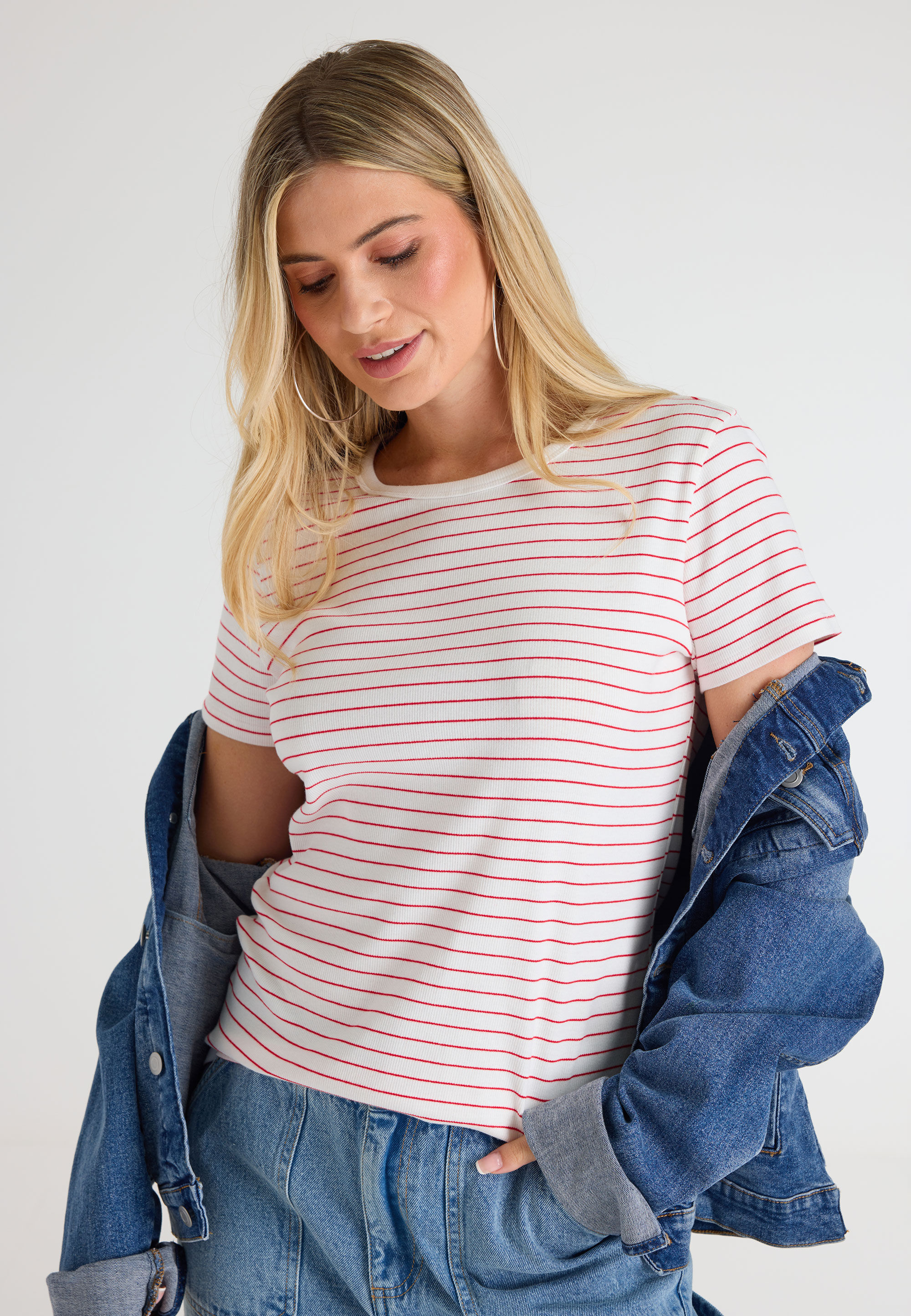 Womens White Striped Ribbed T-shirt