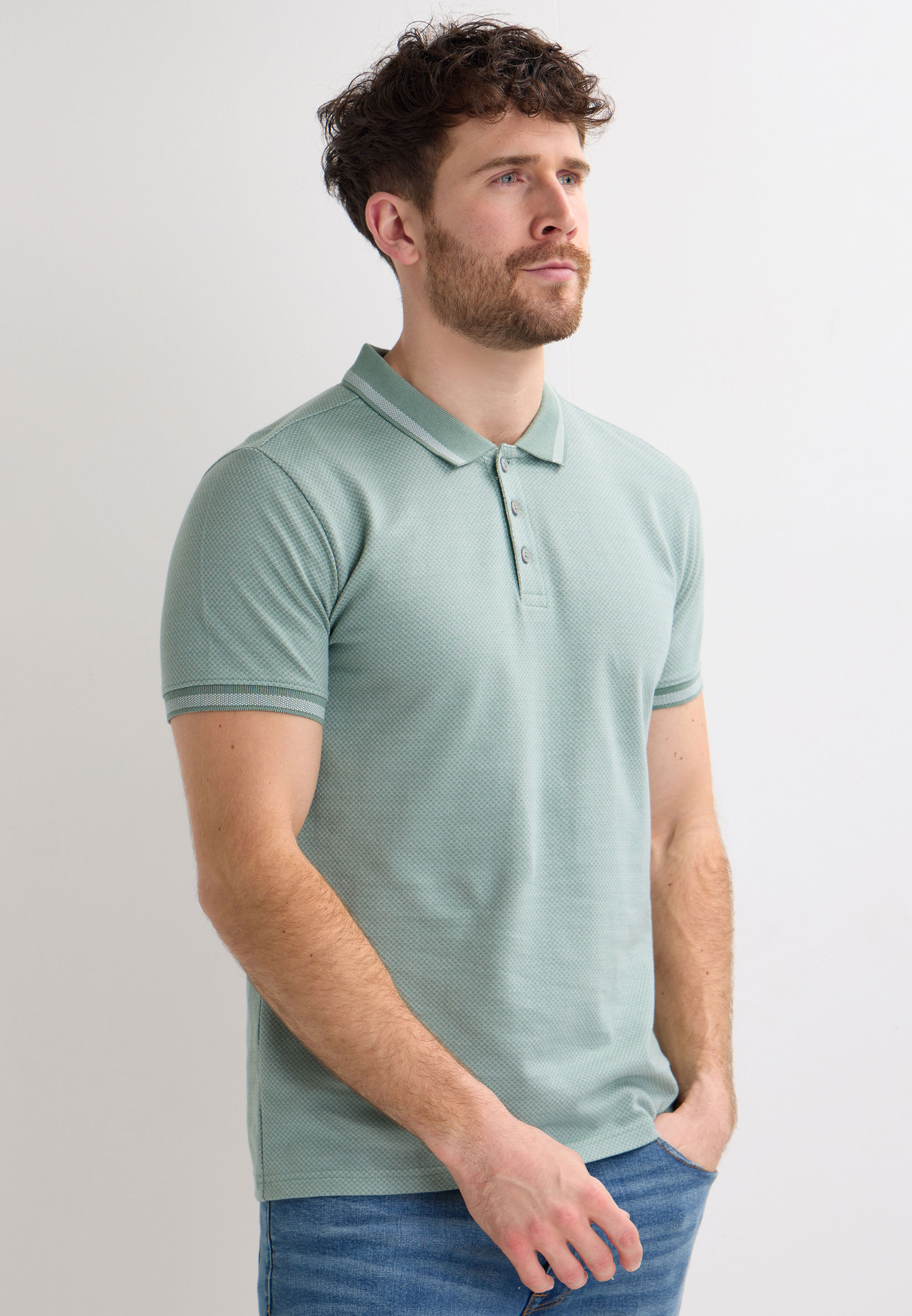 Mens Green Jacquard Short Sleeve Polo Shirt
