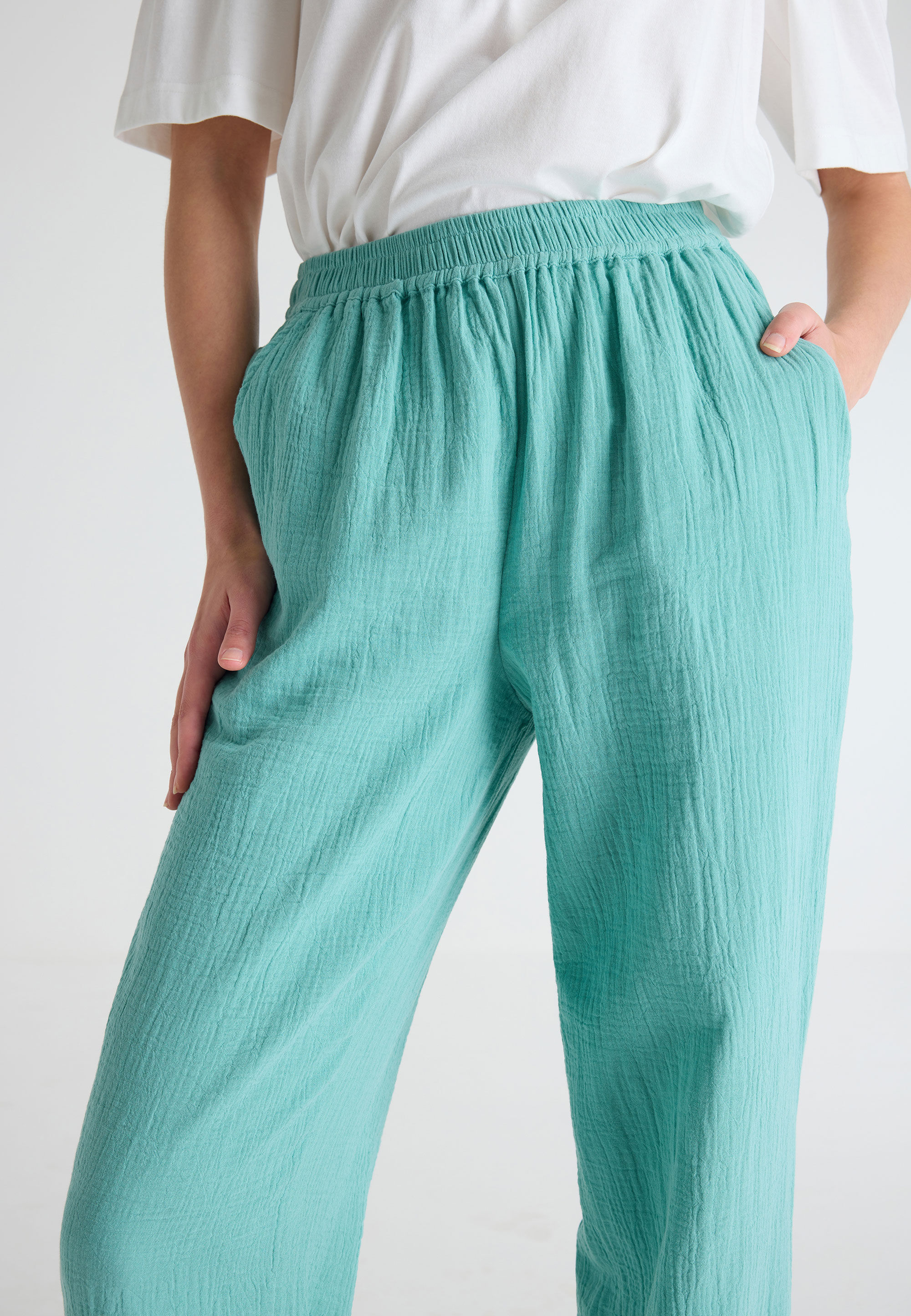 Womens Green Cotton Pull On Wide Leg Trousers