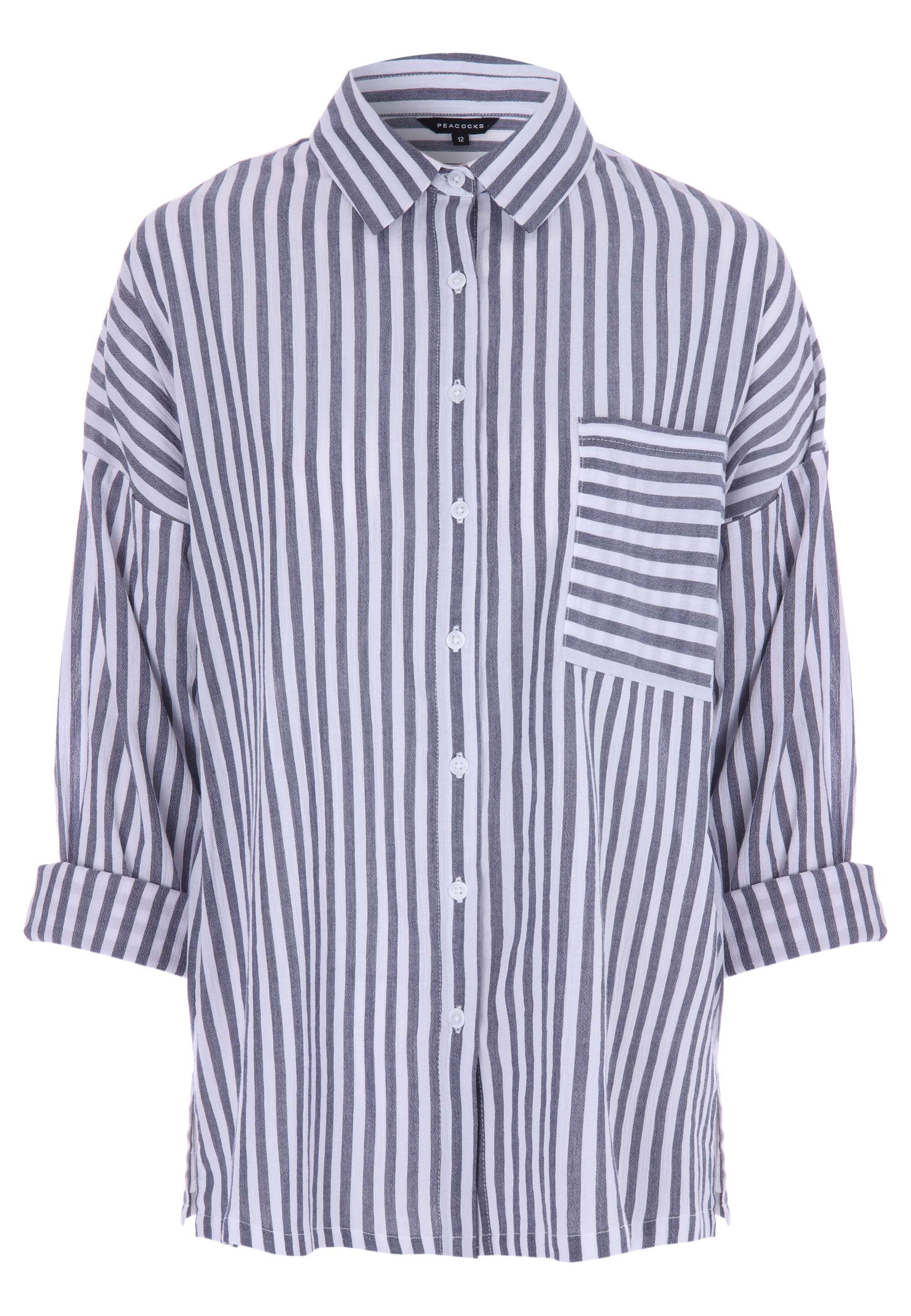 Womens Navy Stripe Crinkle Long Sleeve Shirt