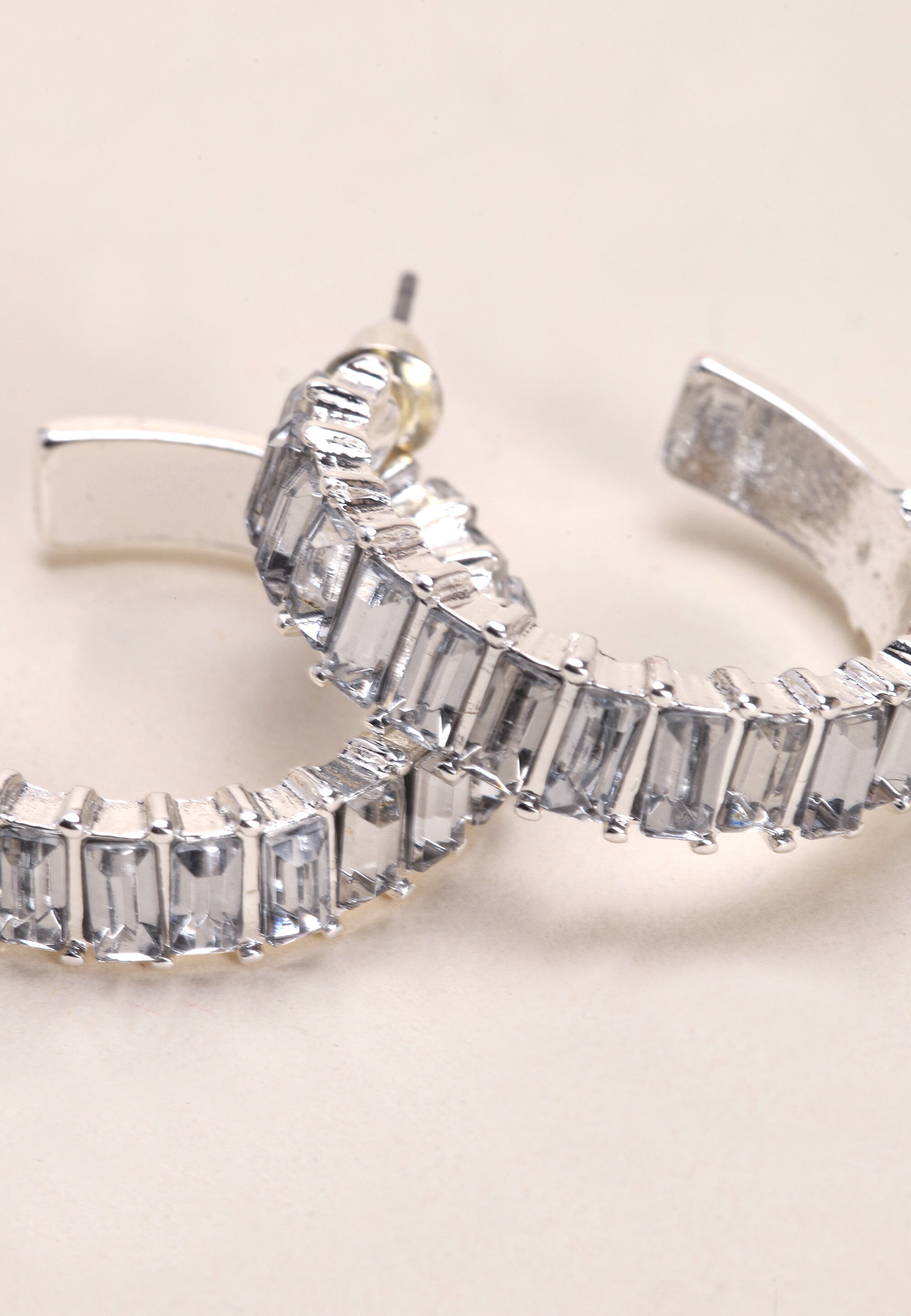 Womens Silver Diamante Baguette Hoop Earrings