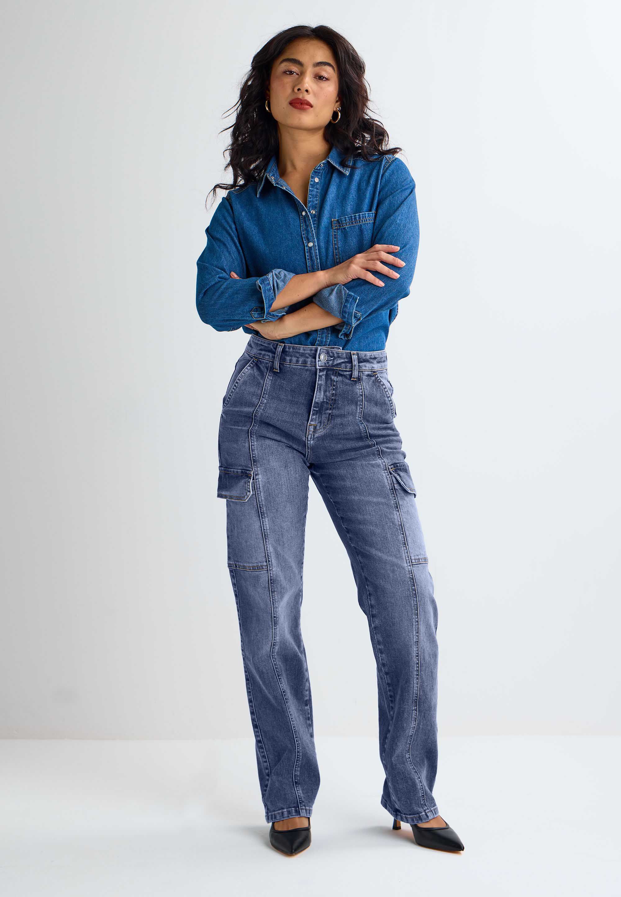 Womens Light Blue Straight Cargo Jeans