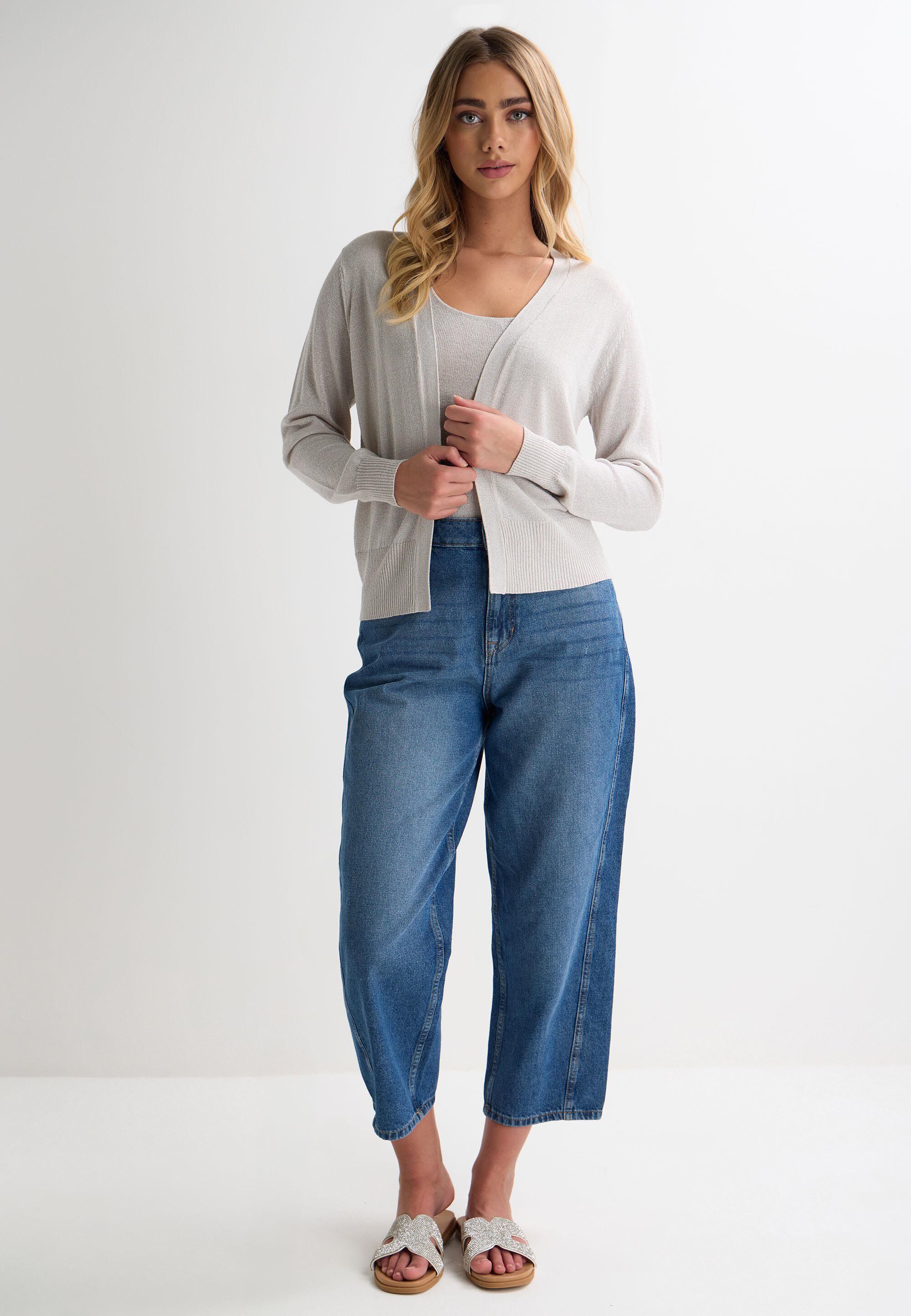 Womens Oatmeal Lurex Knit Cardigan