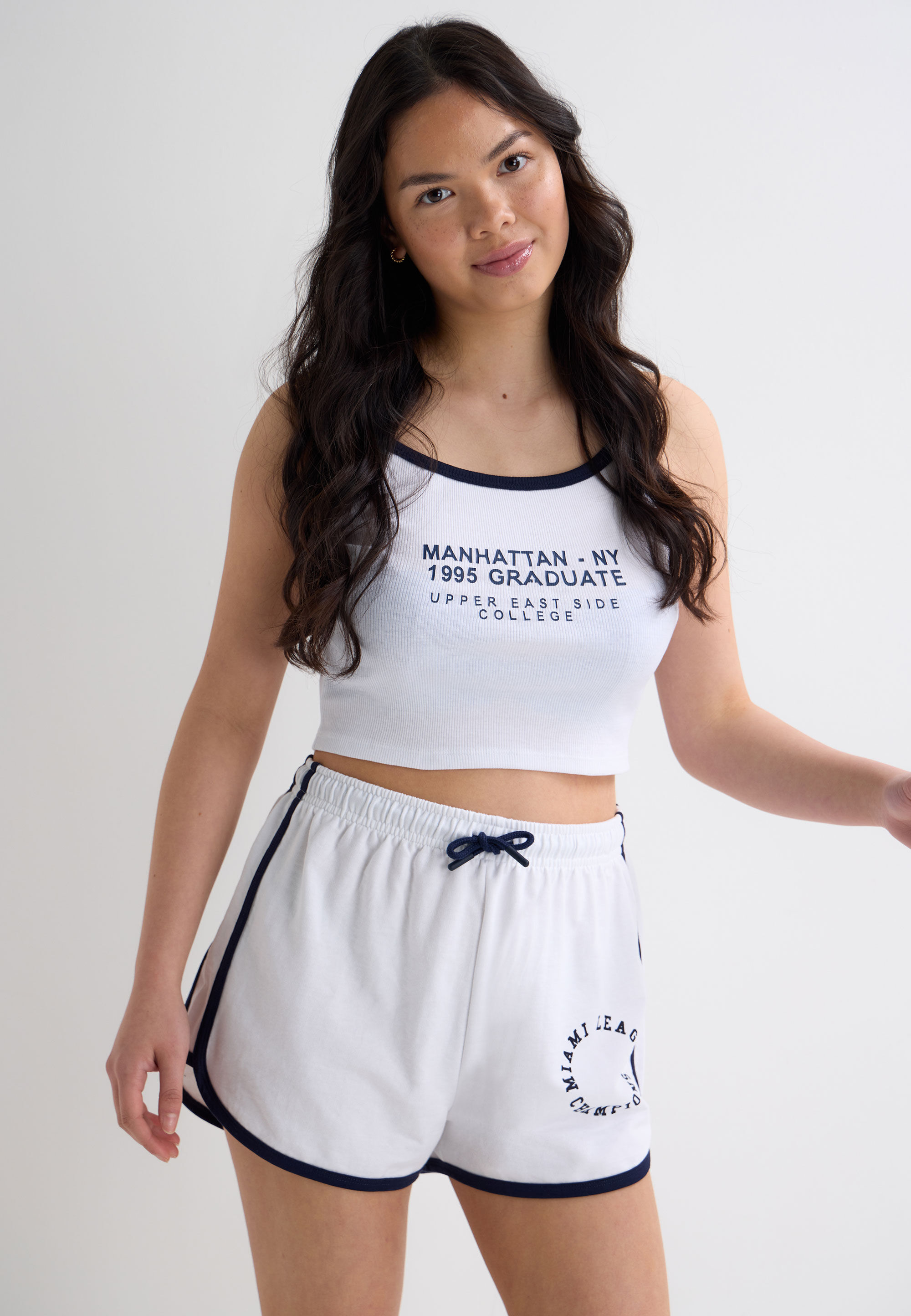 Older Girls White & Navy Graphic Strappy Crop Vest