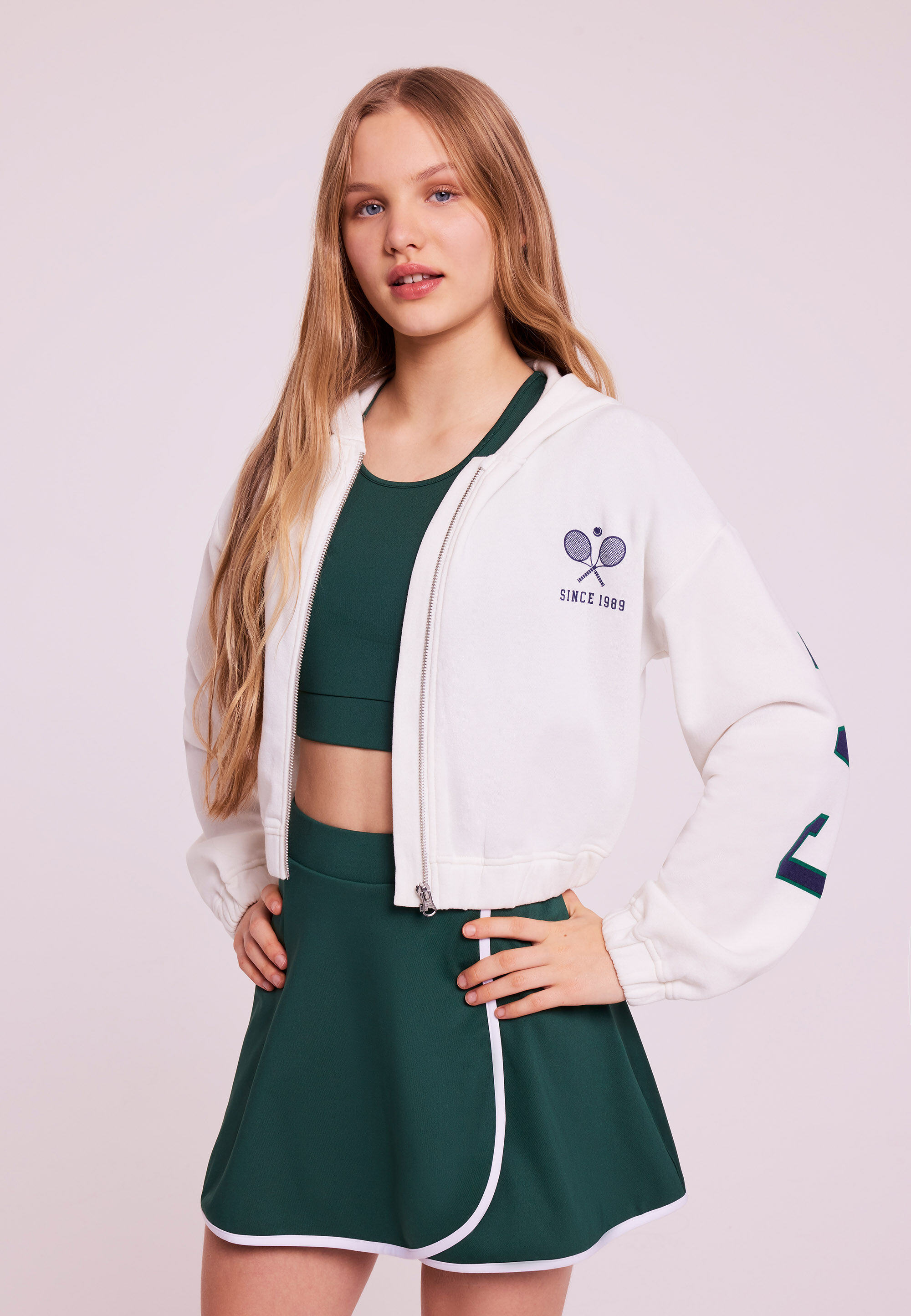 Older Girls Cream Tennis Slogan Zip Through Hoody