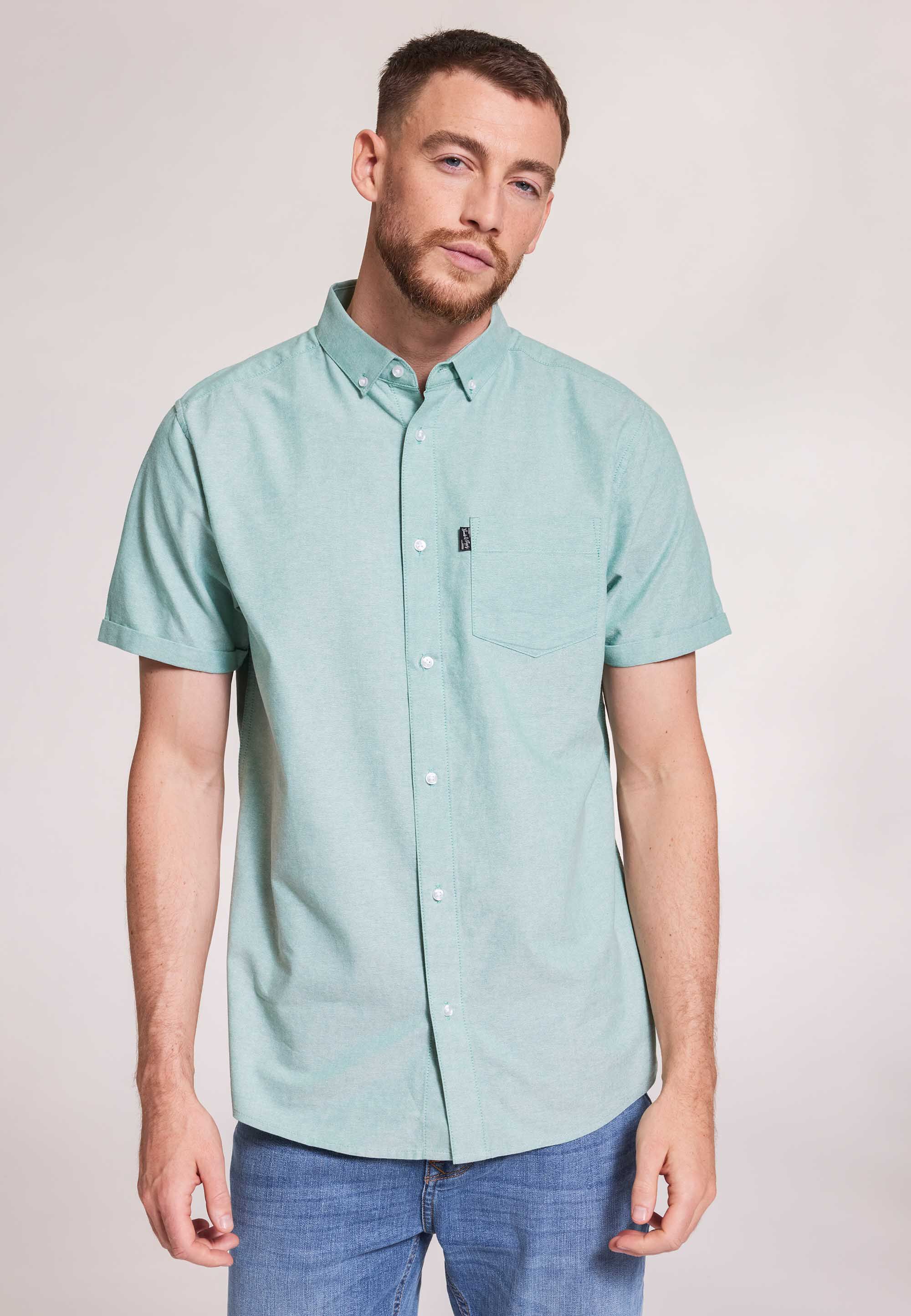 Mens Green Plain Oxford Short Sleeve Shirt