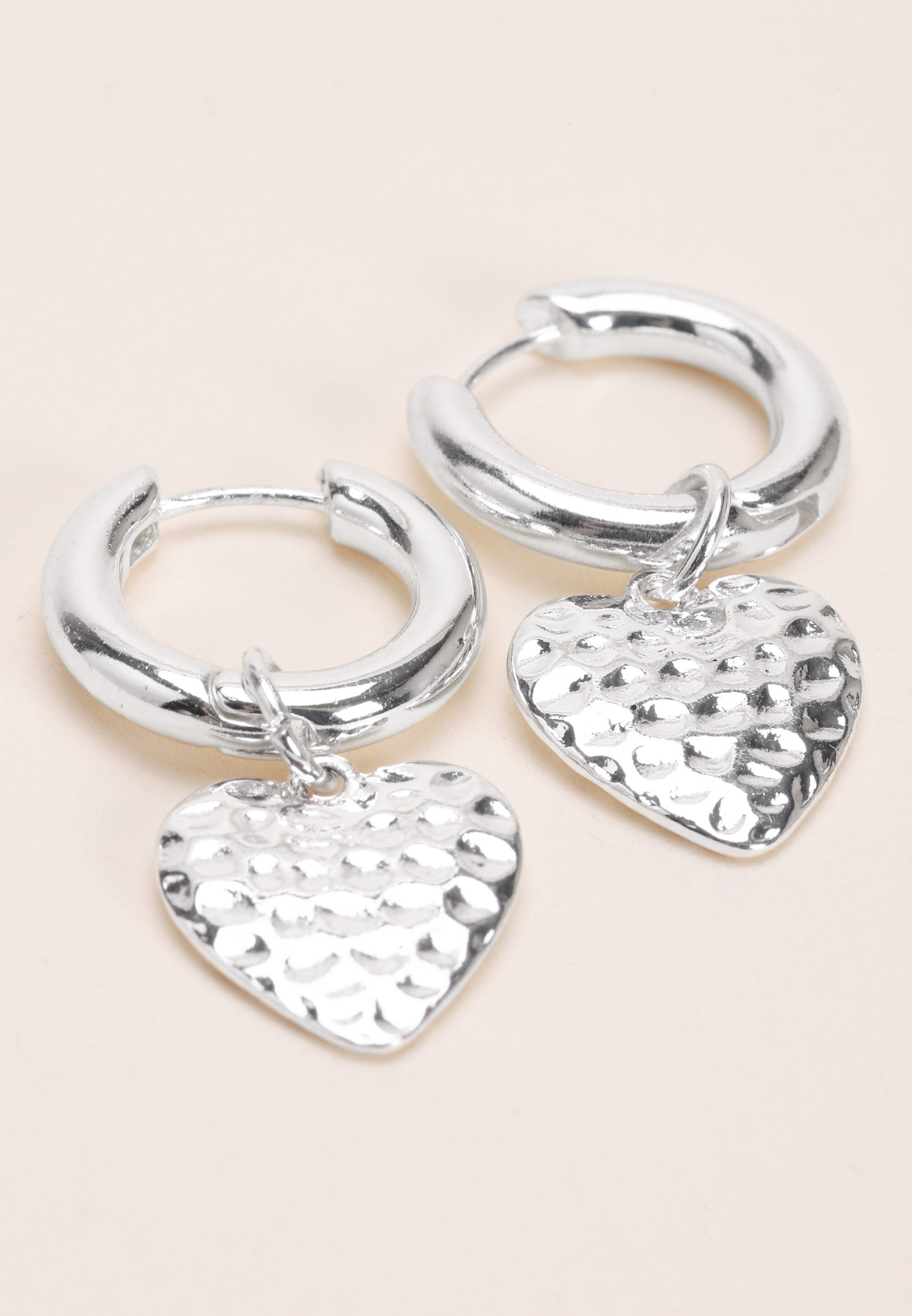 Womens Silver Hammered Heart Drop Earrings