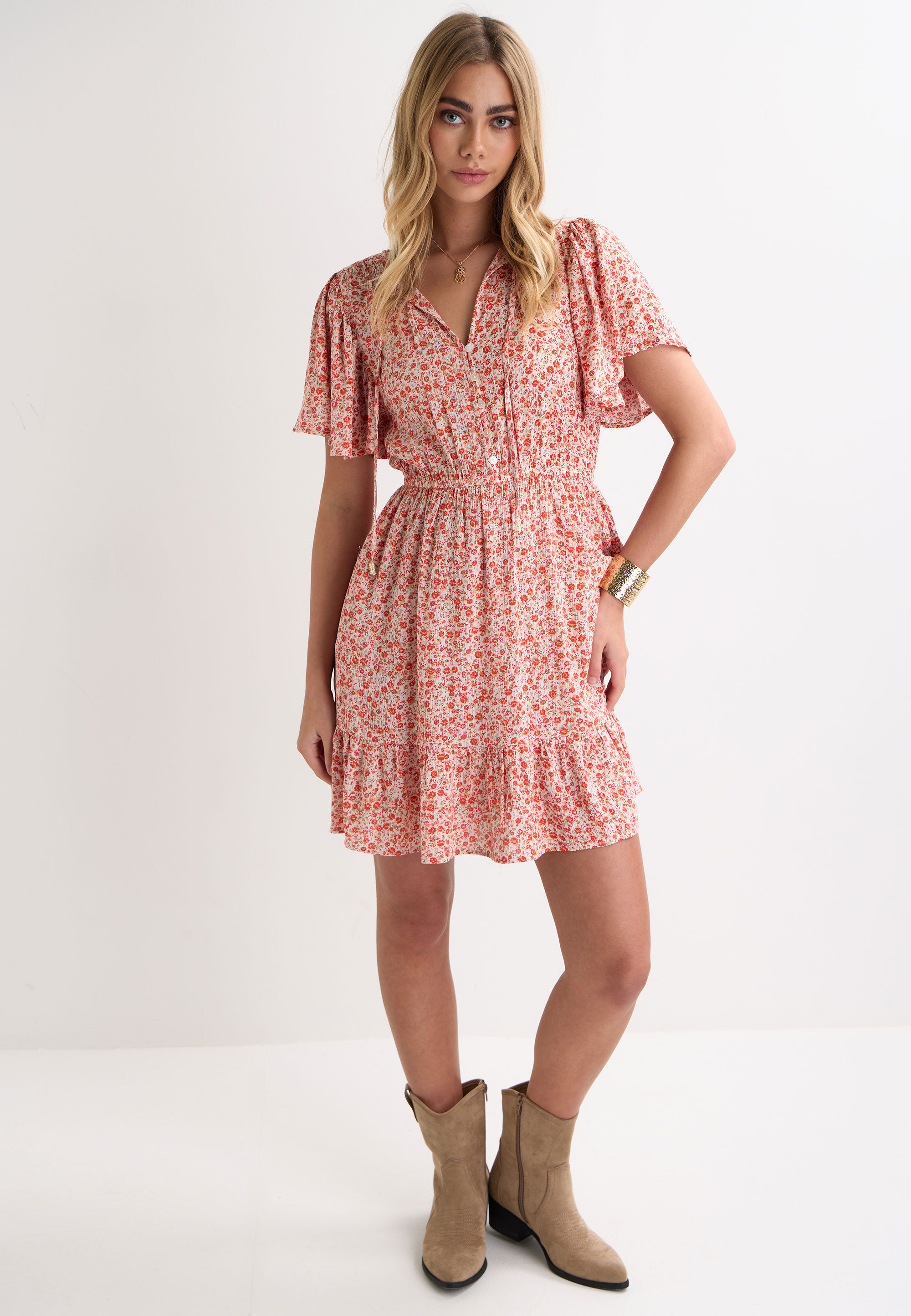 Womens Red Floral Flutter Sleeve Mini Dress