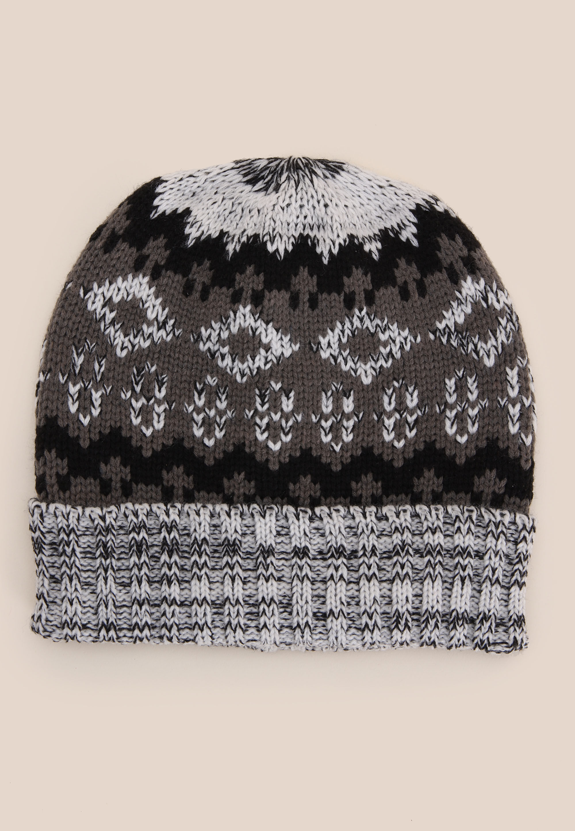 Mens Grey Fair Isle Knitted Beanie
