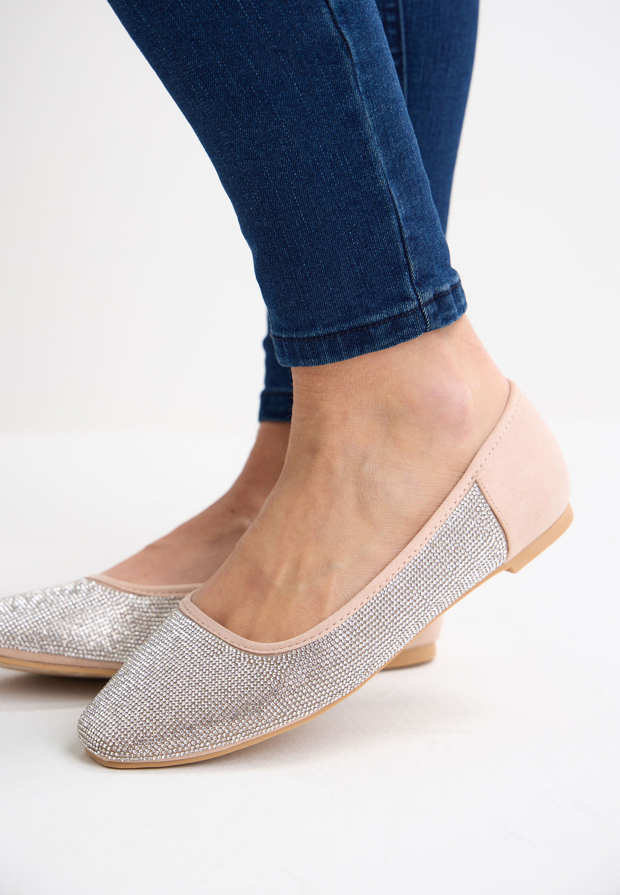 Womens Cream Diamante Embellished Ballet Pumps