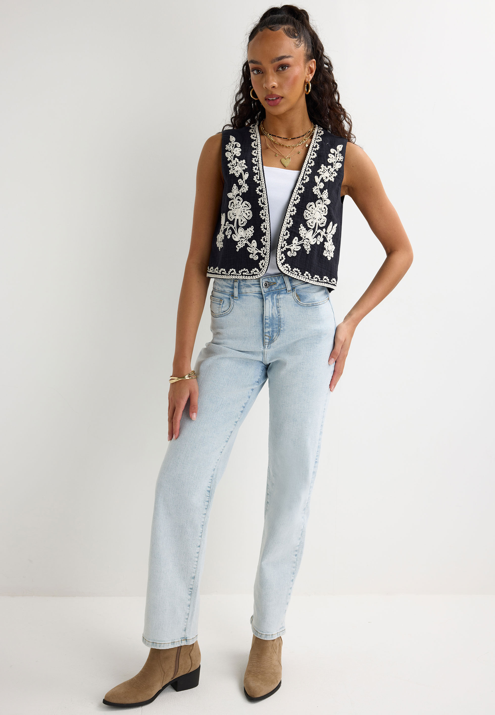 Womens Black & Cream Embroidered Waistcoat