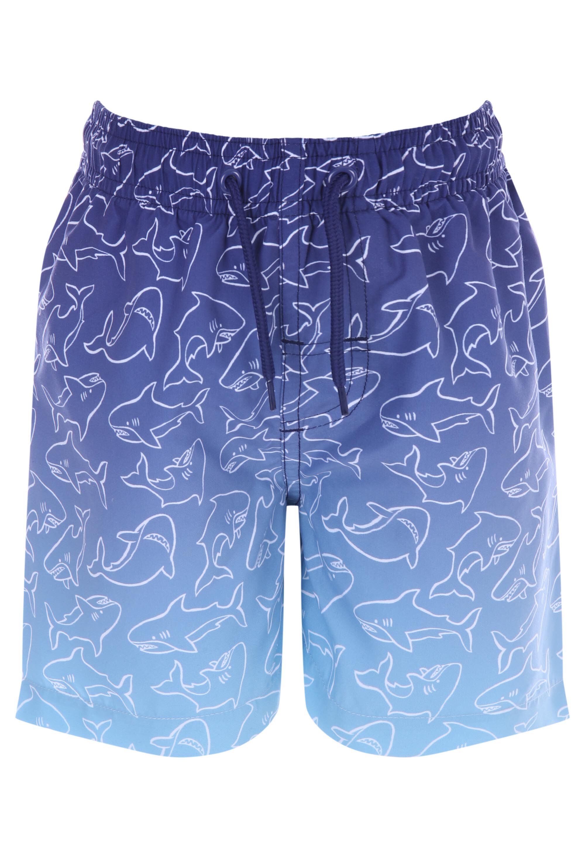 Younger Boys Navy & White Shark Print Swim Shorts
