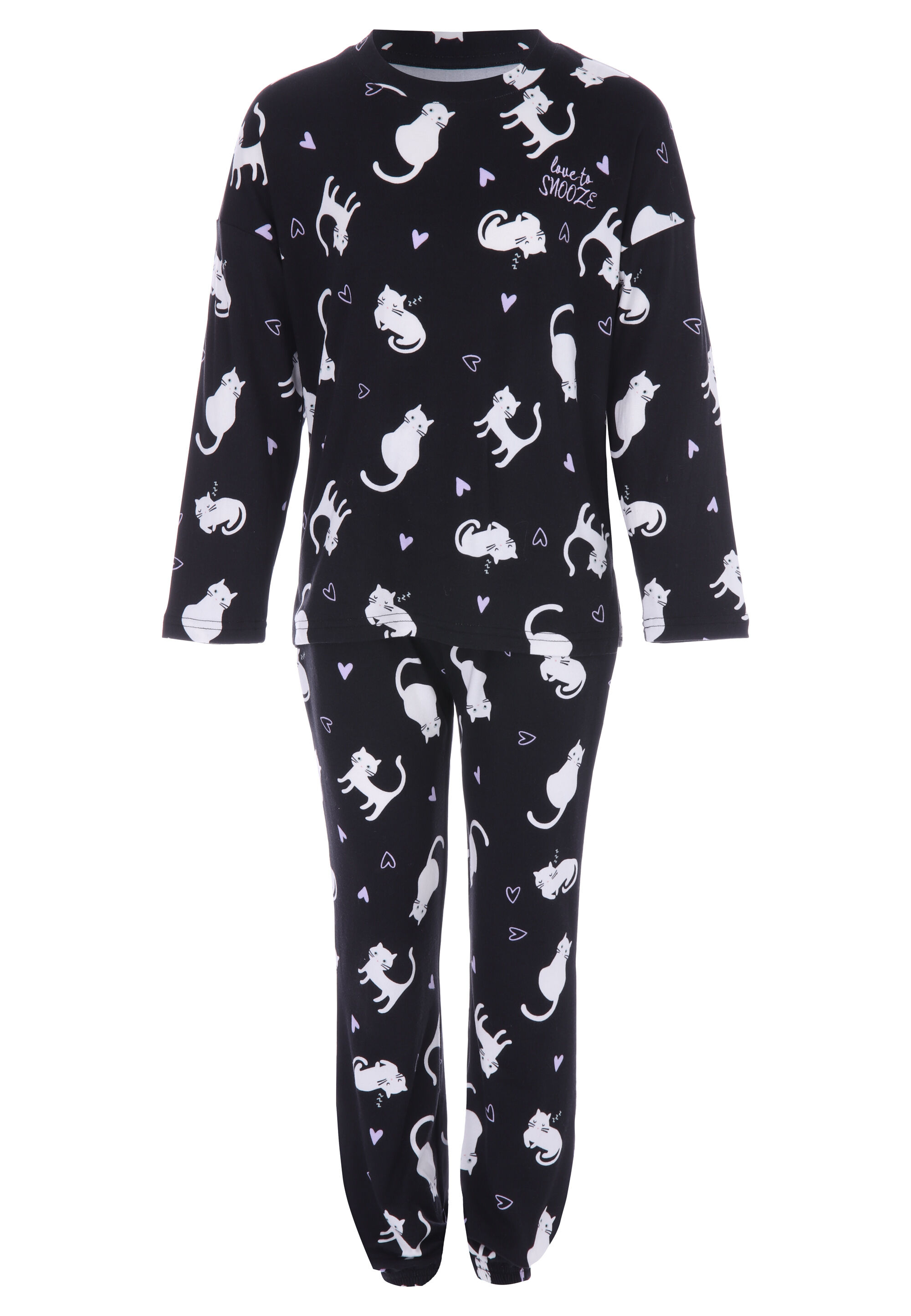 Girls Black Cat Print Soft Touch Pyjama Set