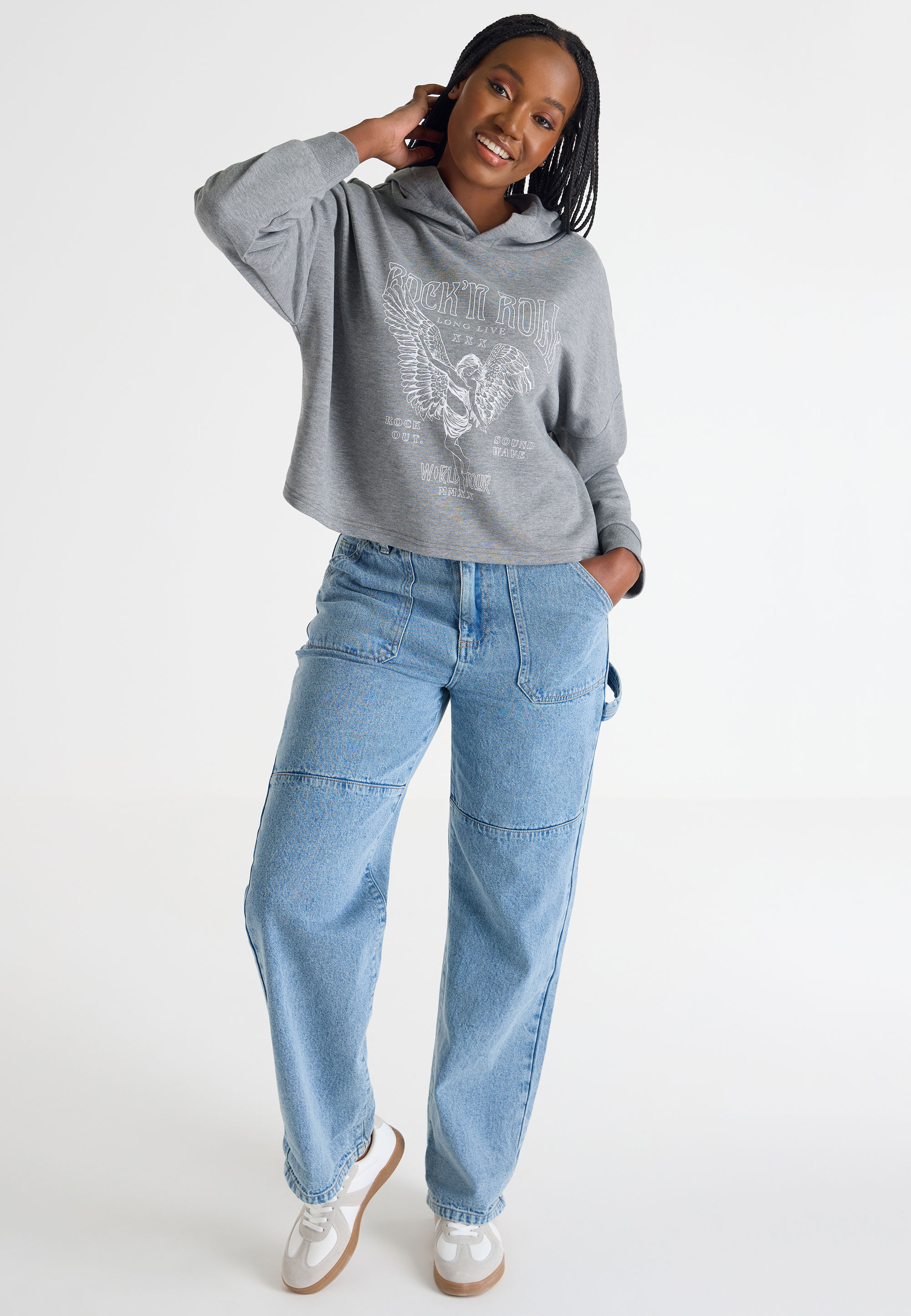Womens Grey Crop Slogan Pullover Hoody