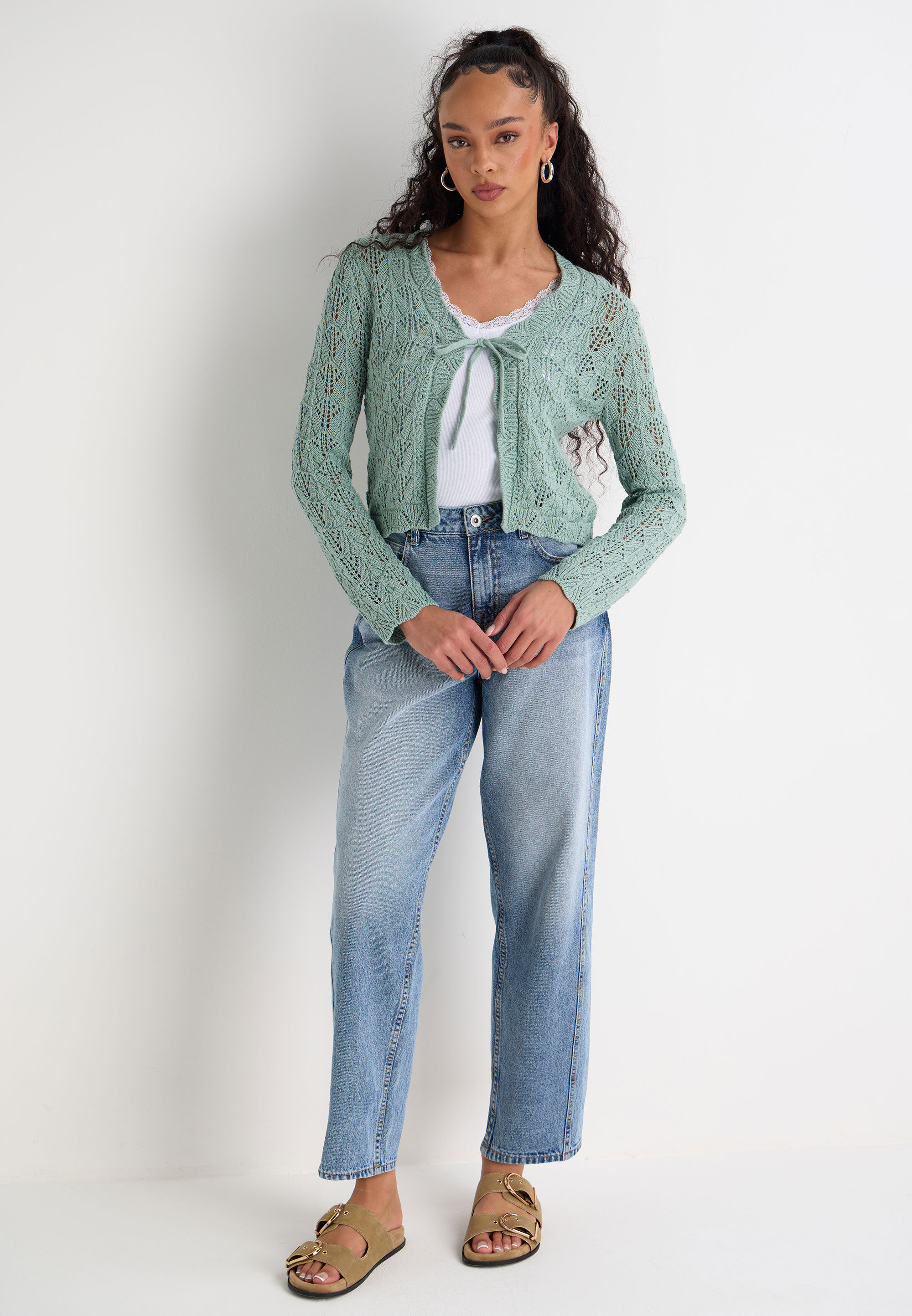 Womens Sage Crochet Tie Front Cardigan
