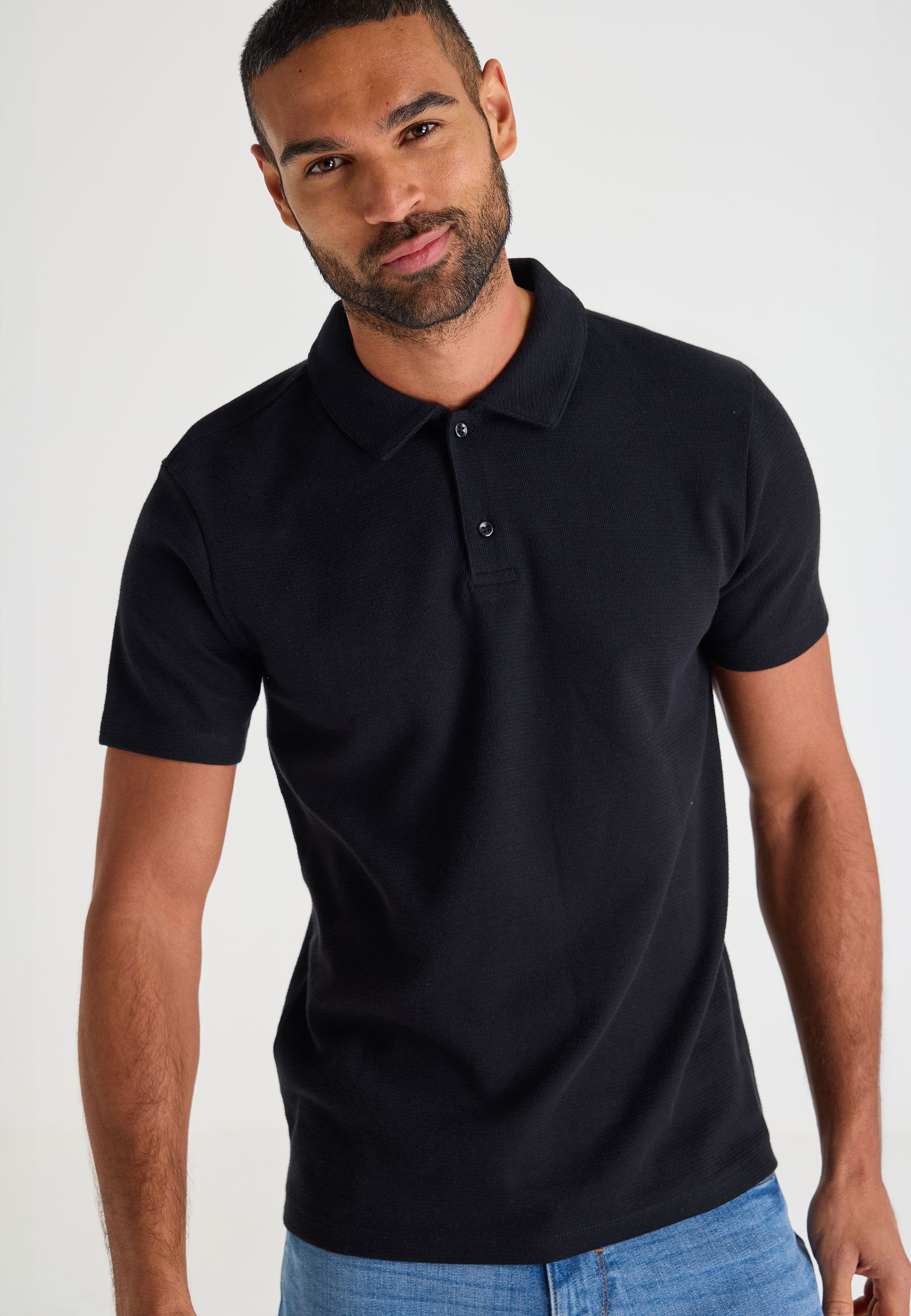 Mens Black Mini Waffle Polo Shirt