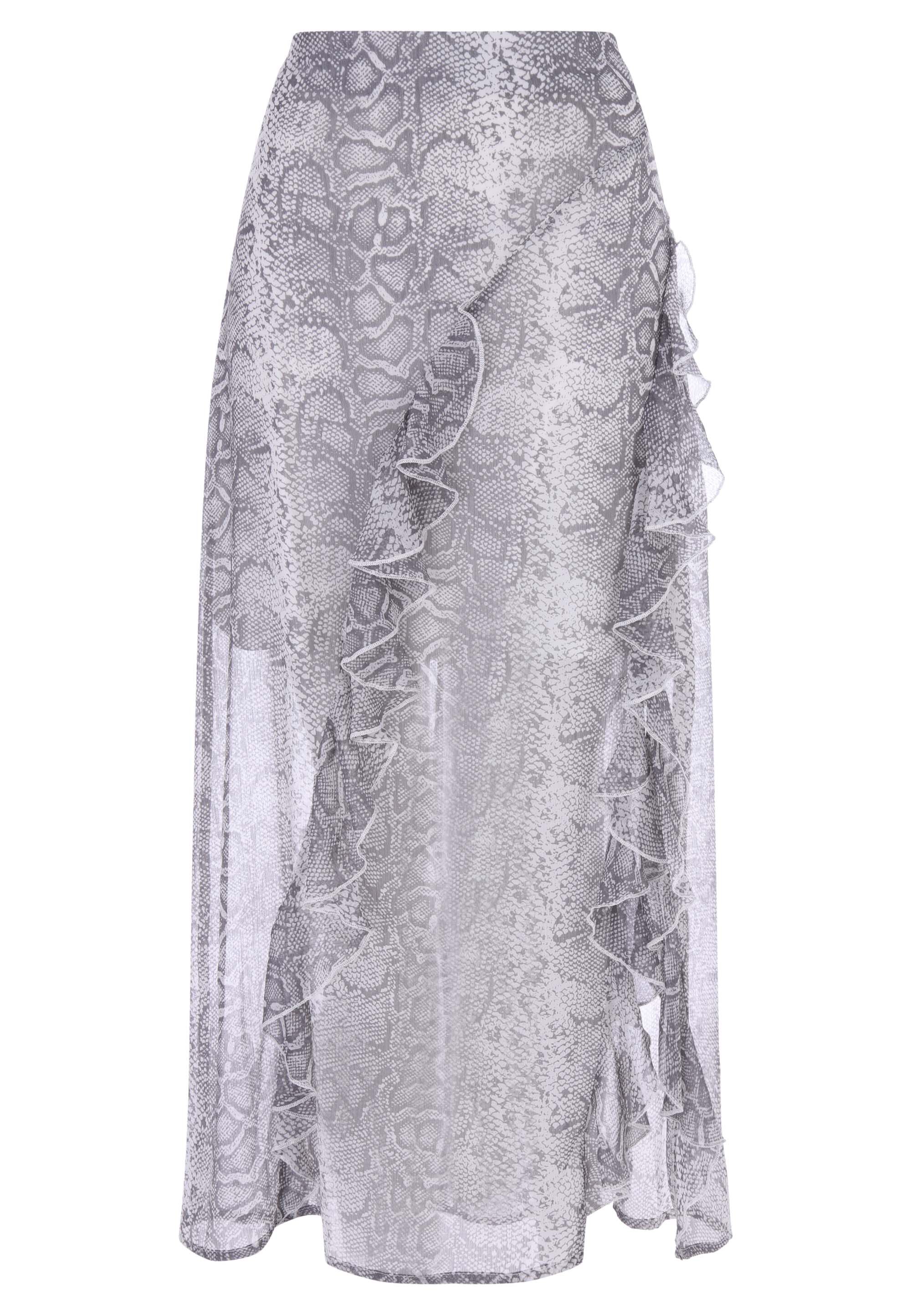 Womens Grey Snake Print Ruffle Sheer Midi Skirt