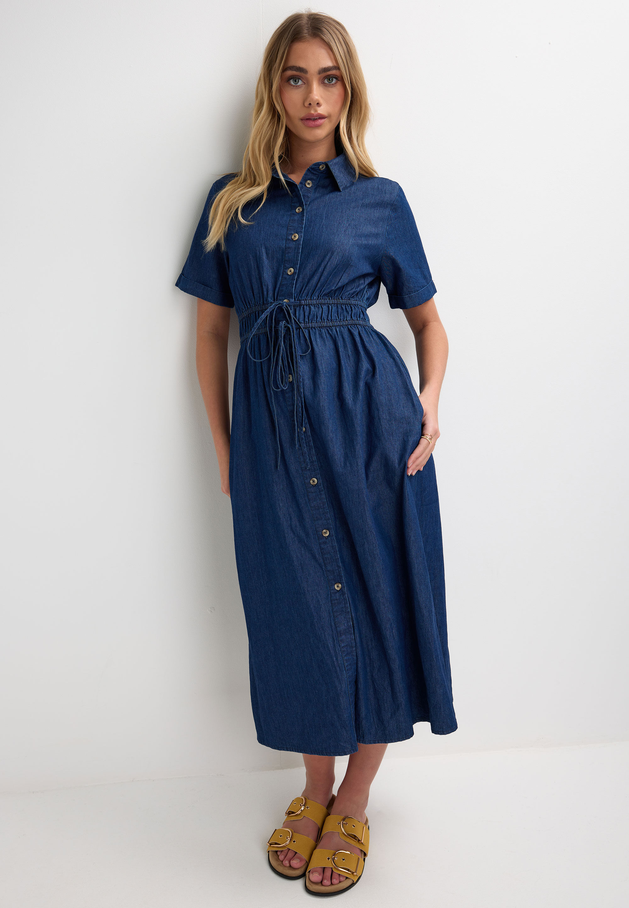 Womens Blue Denim Look Midi Shirt Dress
