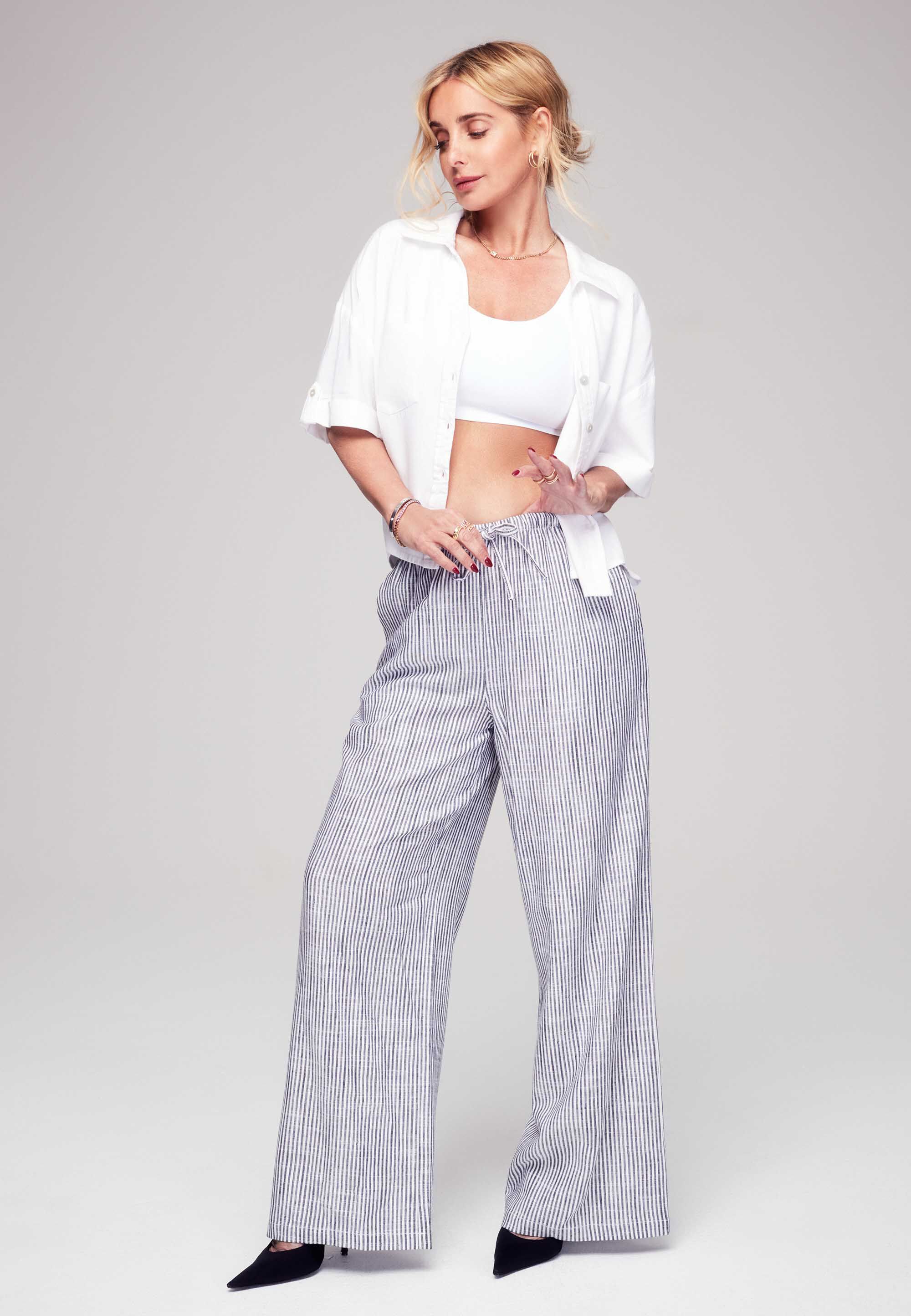 Womens Navy Stripe Wide Leg Linen Trousers
