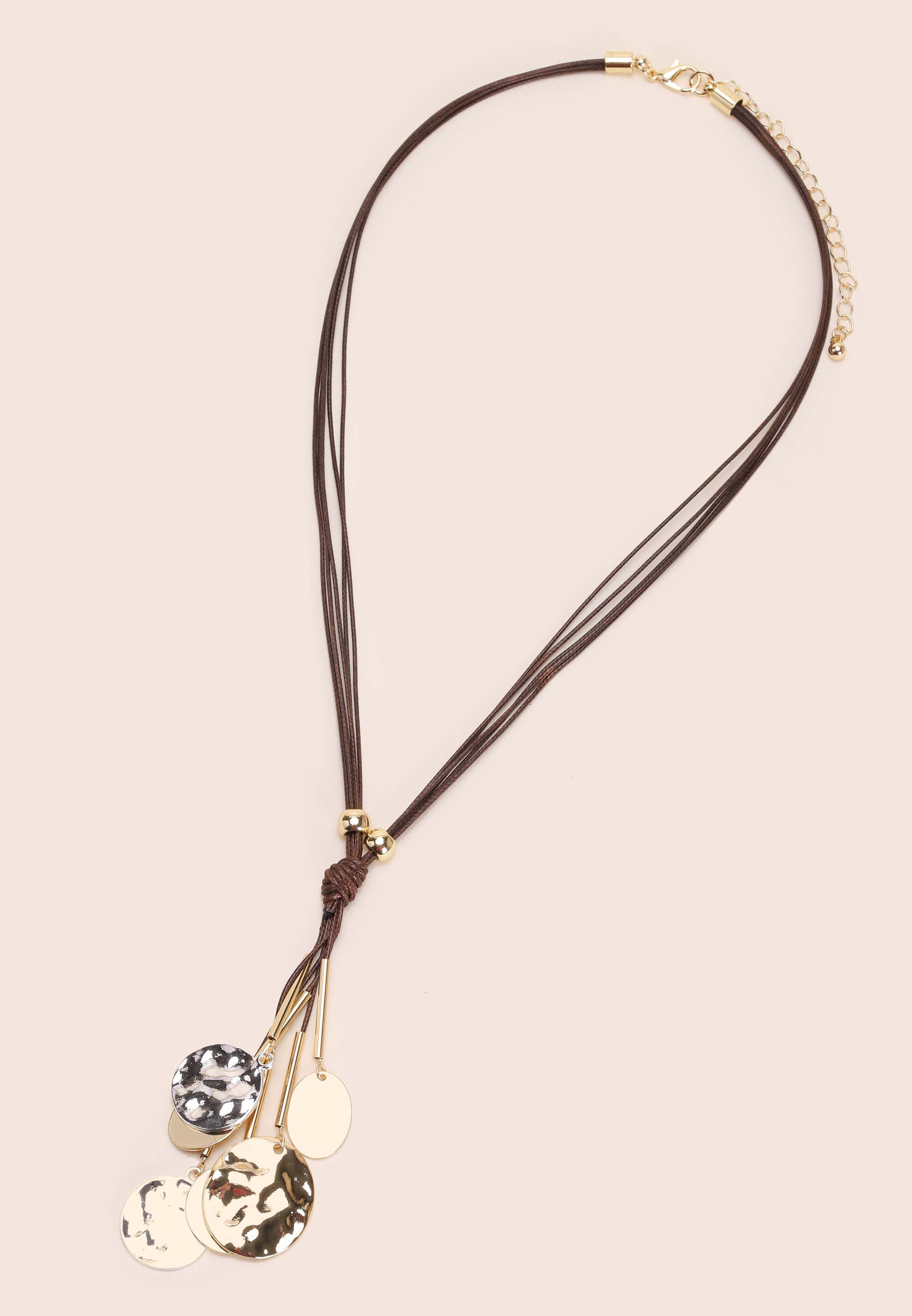 Womens Gold Molten Disc & Brown Cord Necklace