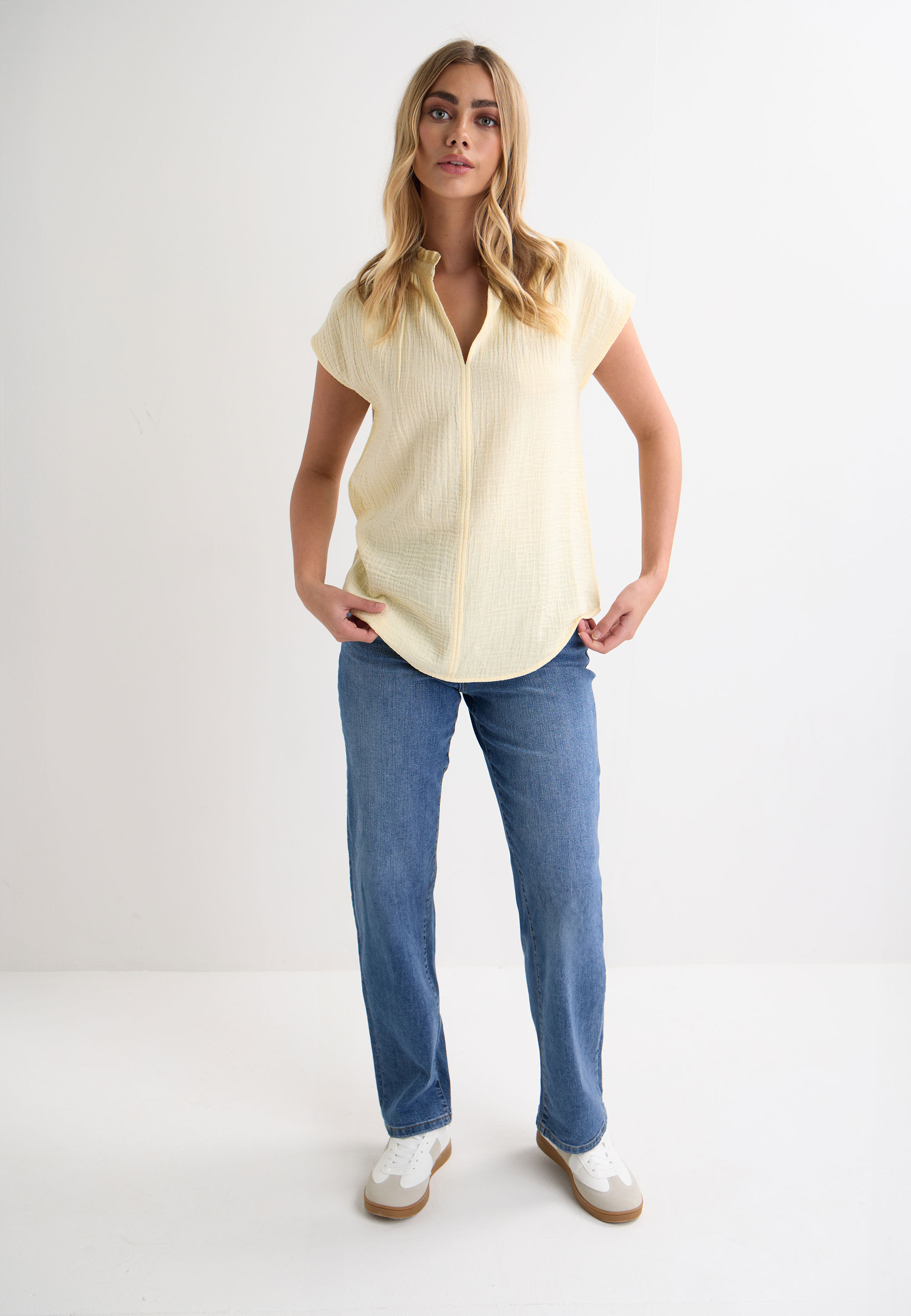 Womens Buttermilk Yellow Plain Double Cotton Blouse