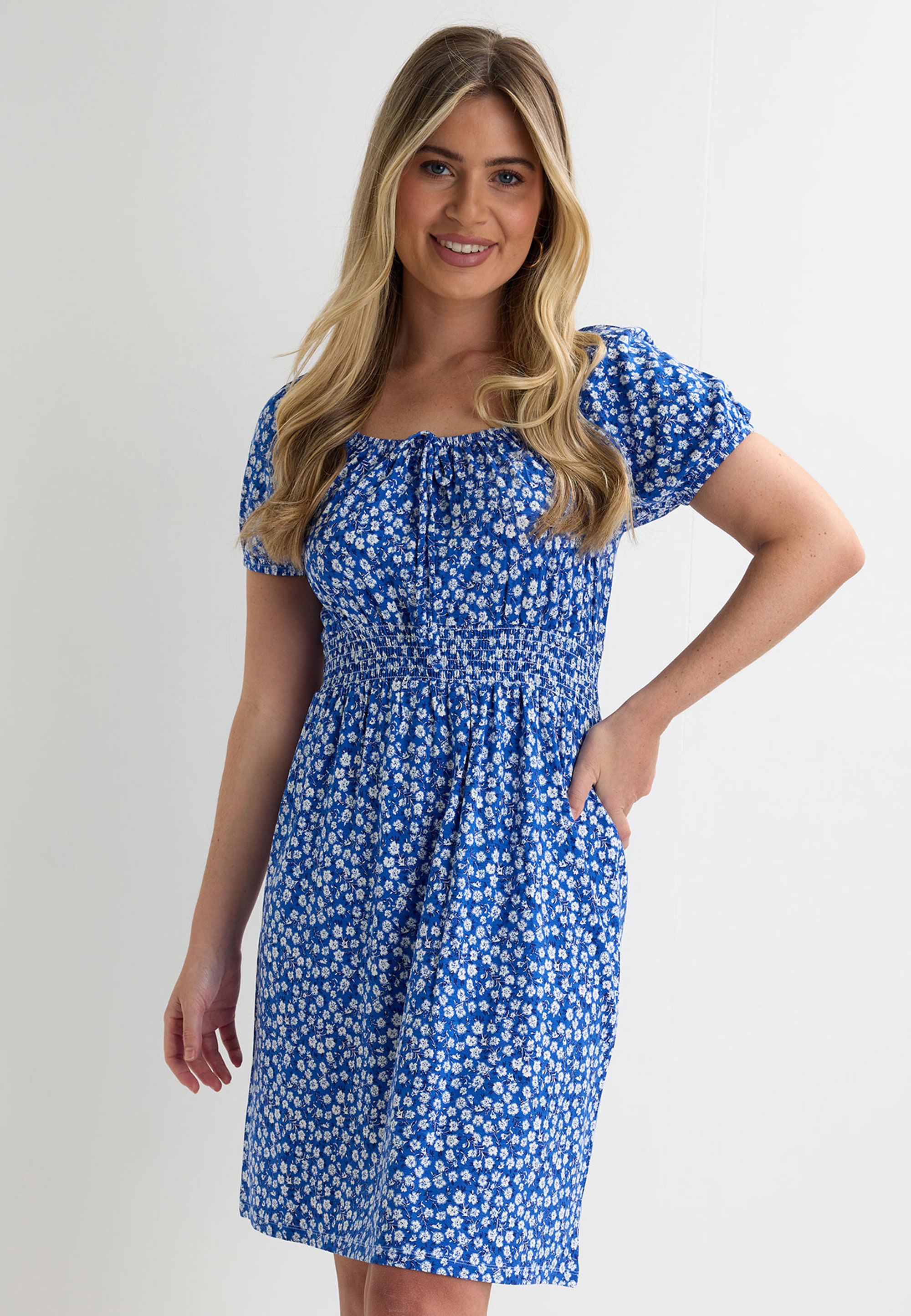Womens Blue Ditsy Print Milkmaid Shirred Waist Mini Dress