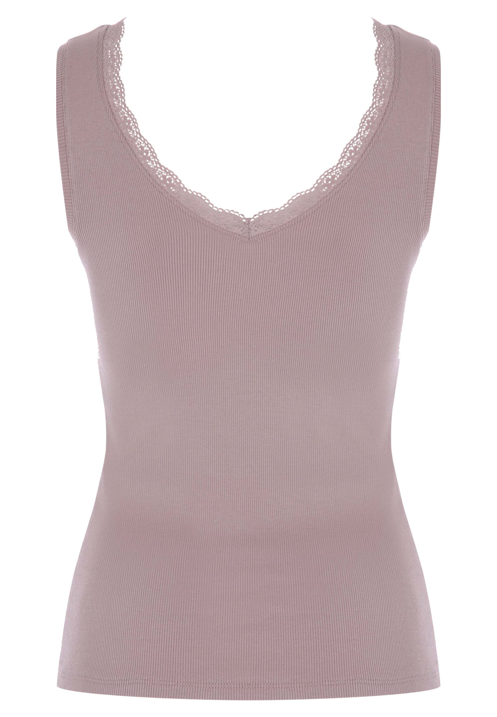 Womens Light Brown Ribbed Lace Trim Vest Top