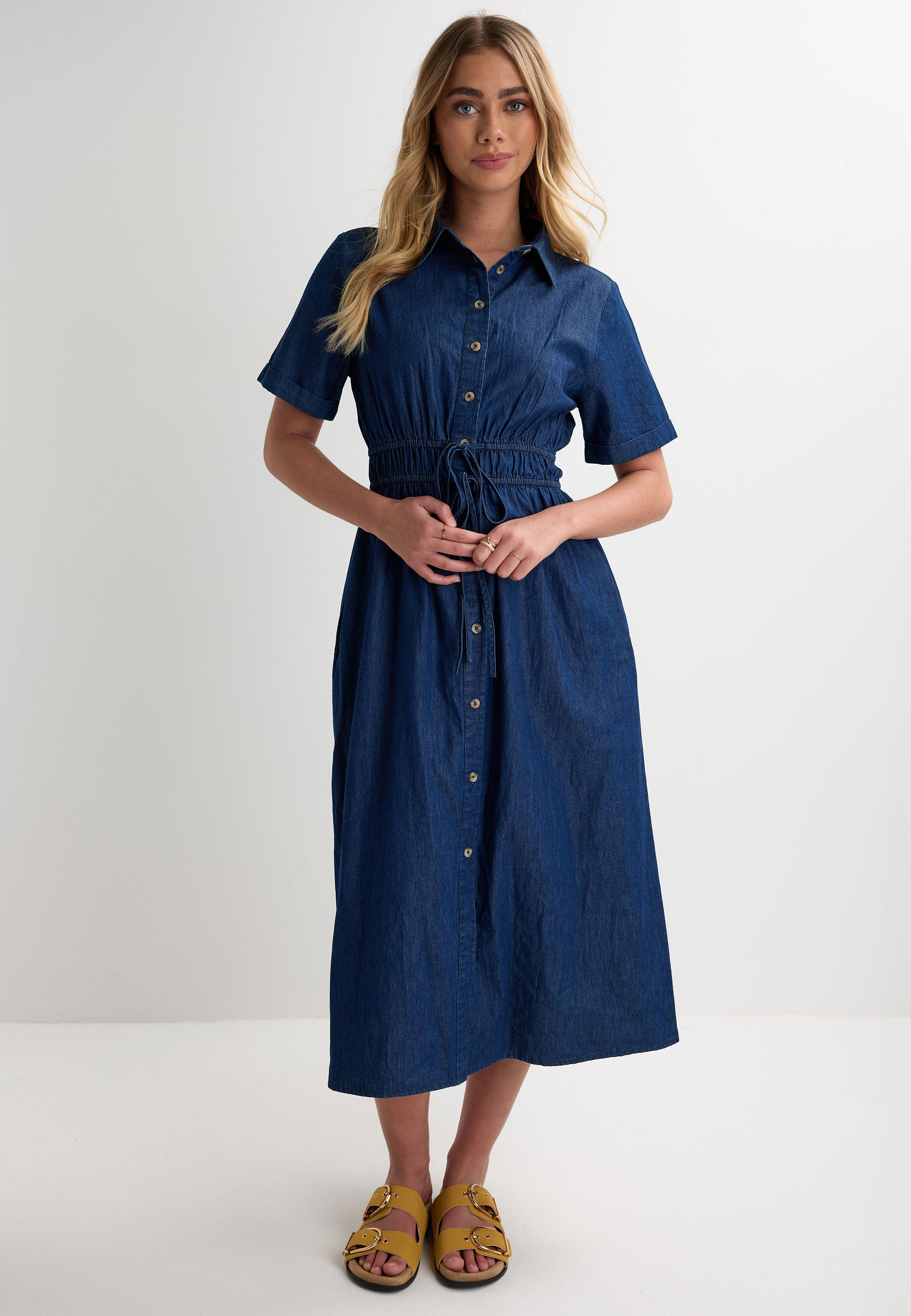 Womens Blue Denim Look Midi Shirt Dress