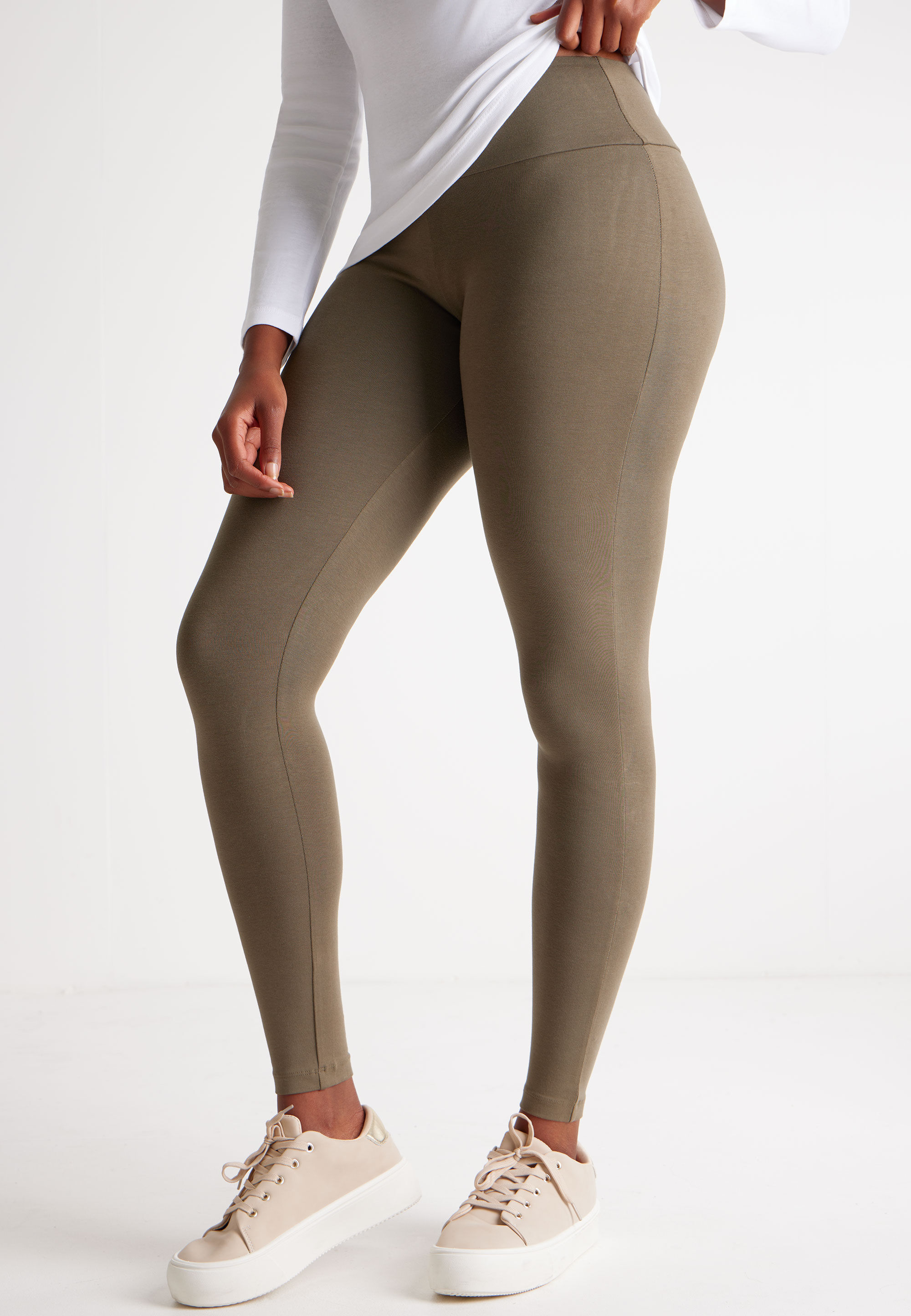 Womens Khaki Green Wide Waistband Leggings