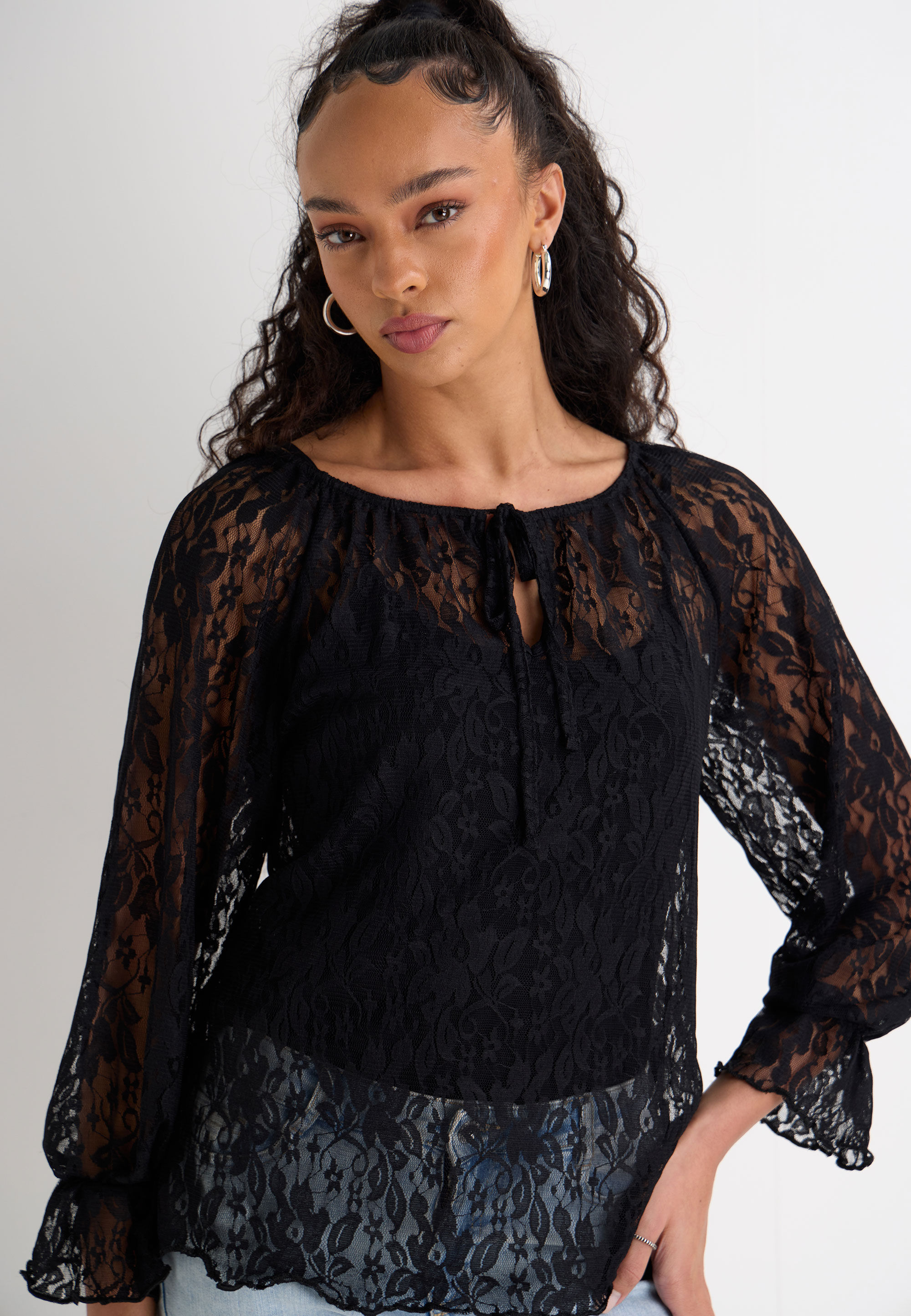 Womens Black Lace Tie Neck Top