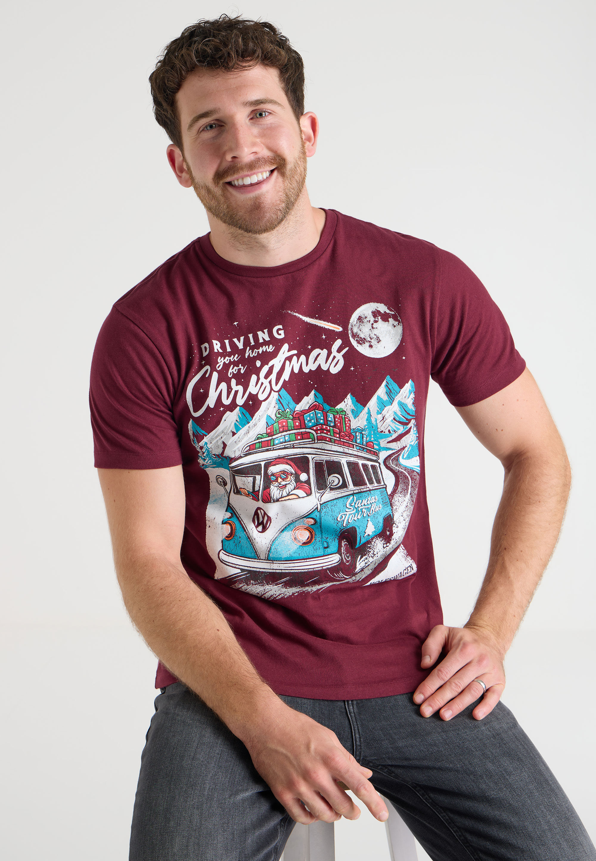 Mens Red Santa Tour Bus Christmas T-Shirt