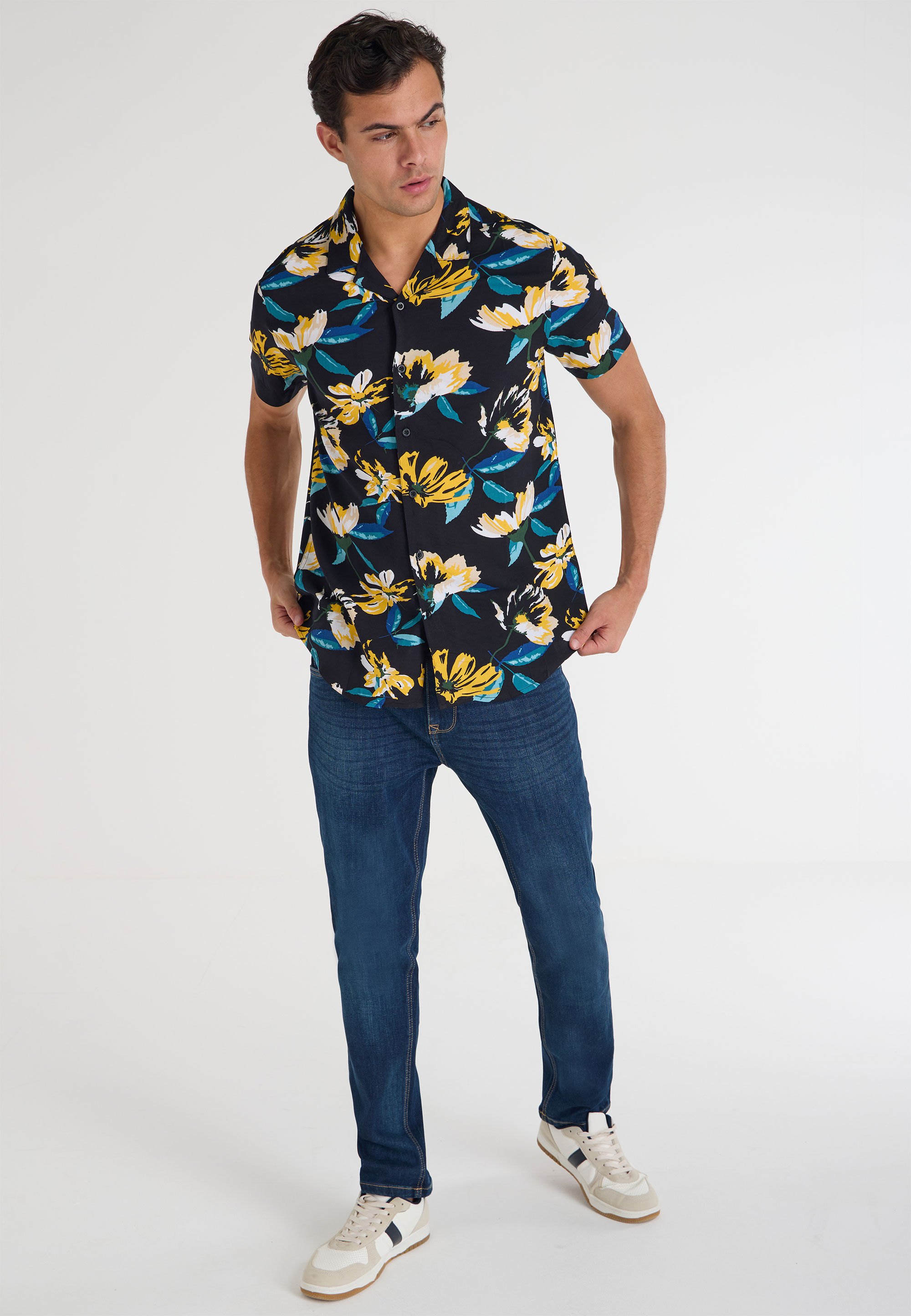 Mens Black & Yellow Floral Print Shirt