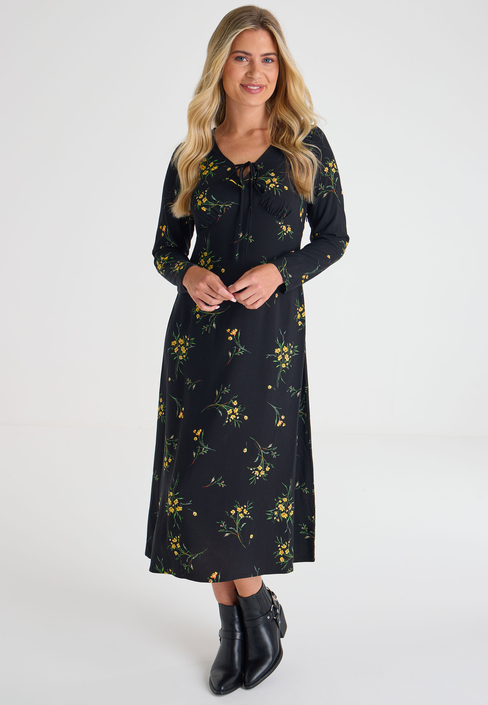 Womens Black & Yellow Floral Print Midi Dress