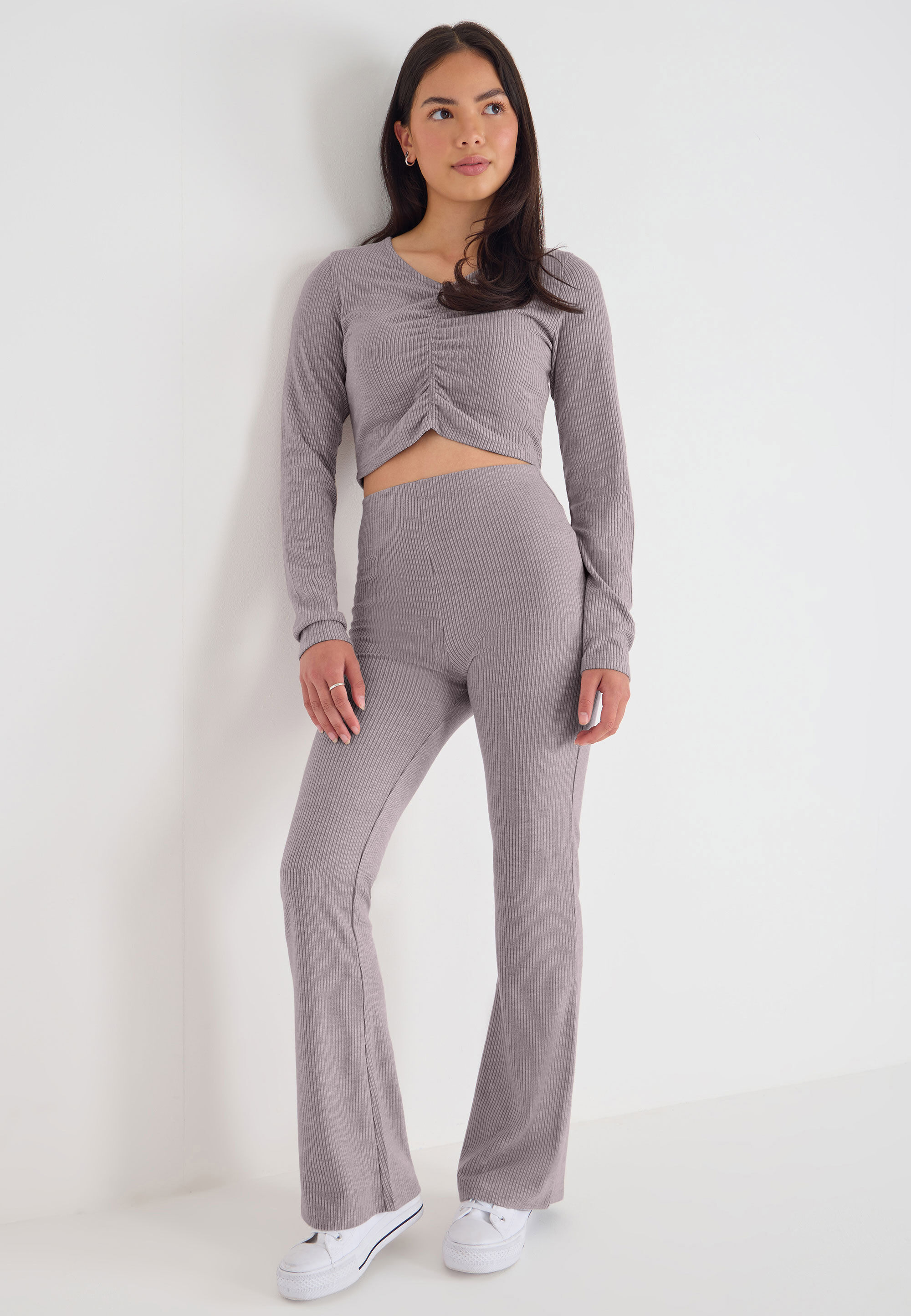 Older Girls Camel Cosy Ribbed Ruched Top