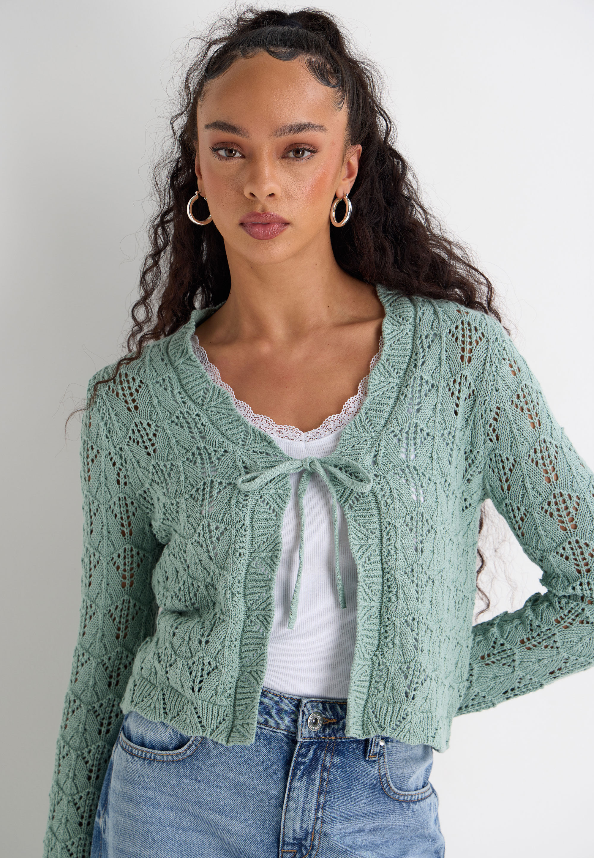 Womens Sage Crochet Tie Front Cardigan