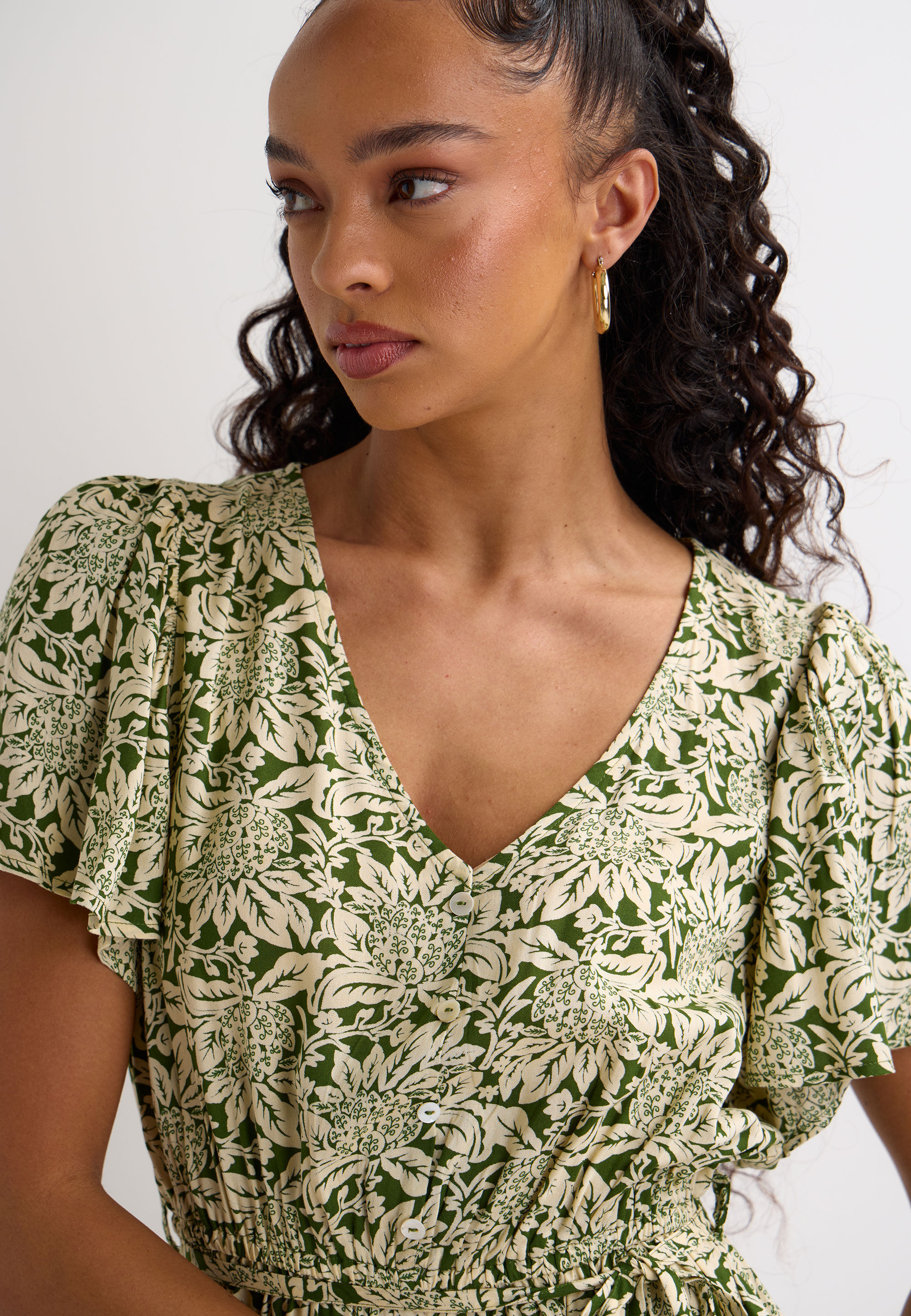 Womens Sage Leaf Print Flutter Sleeve Mini Dress