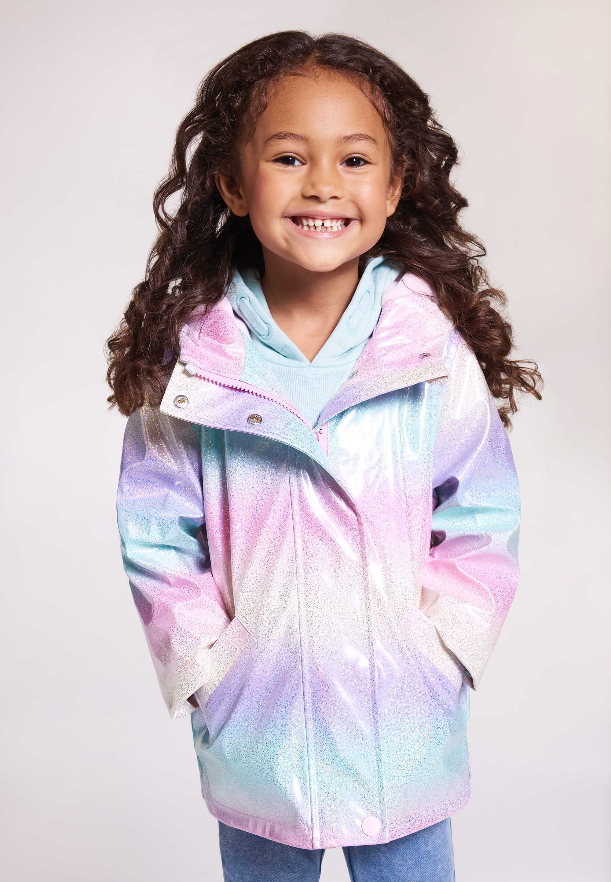 Younger Girls Pink Rainbow Sparkle Coat