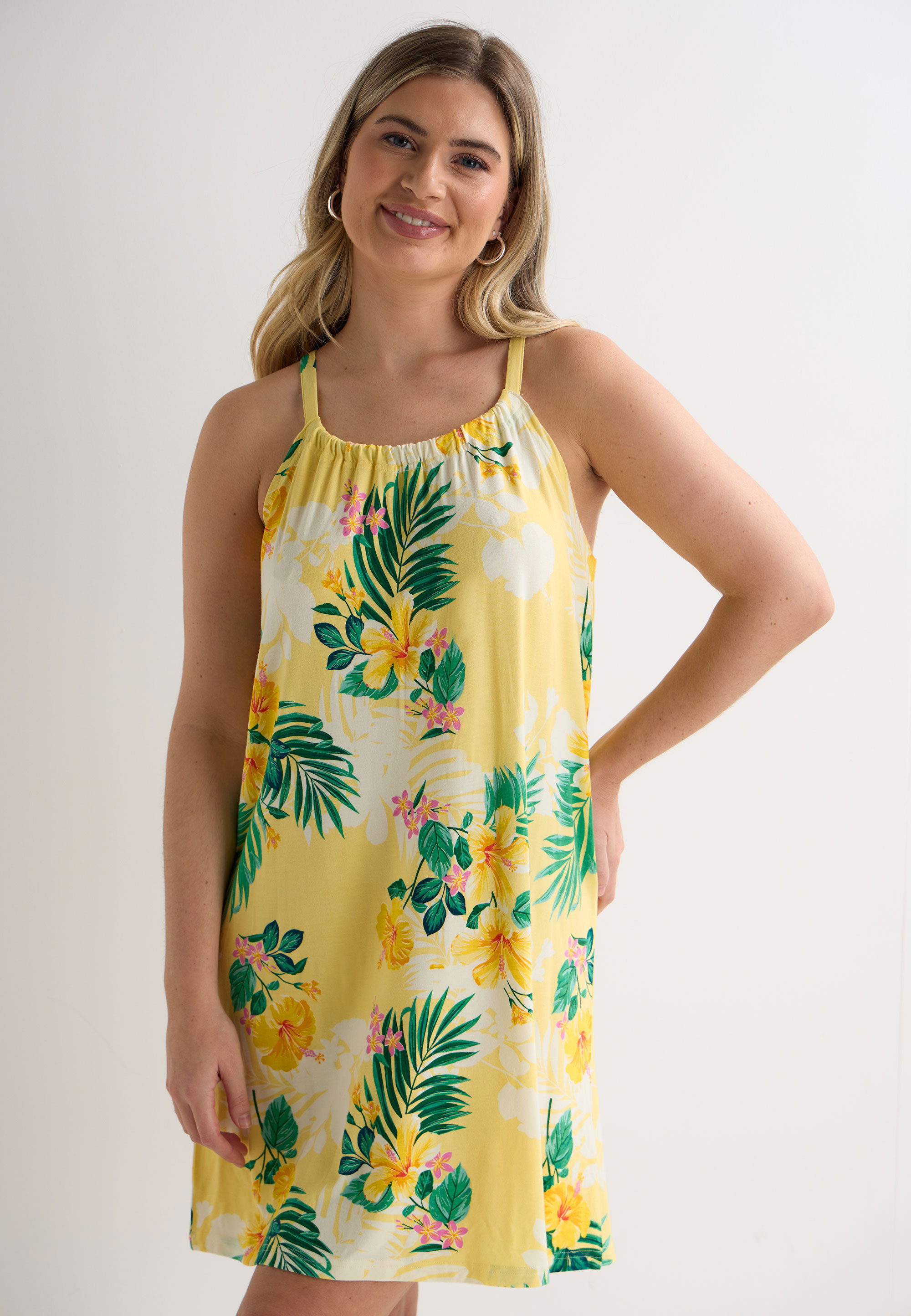 Womens Yellow Floral & Leaf Print Beach Dress