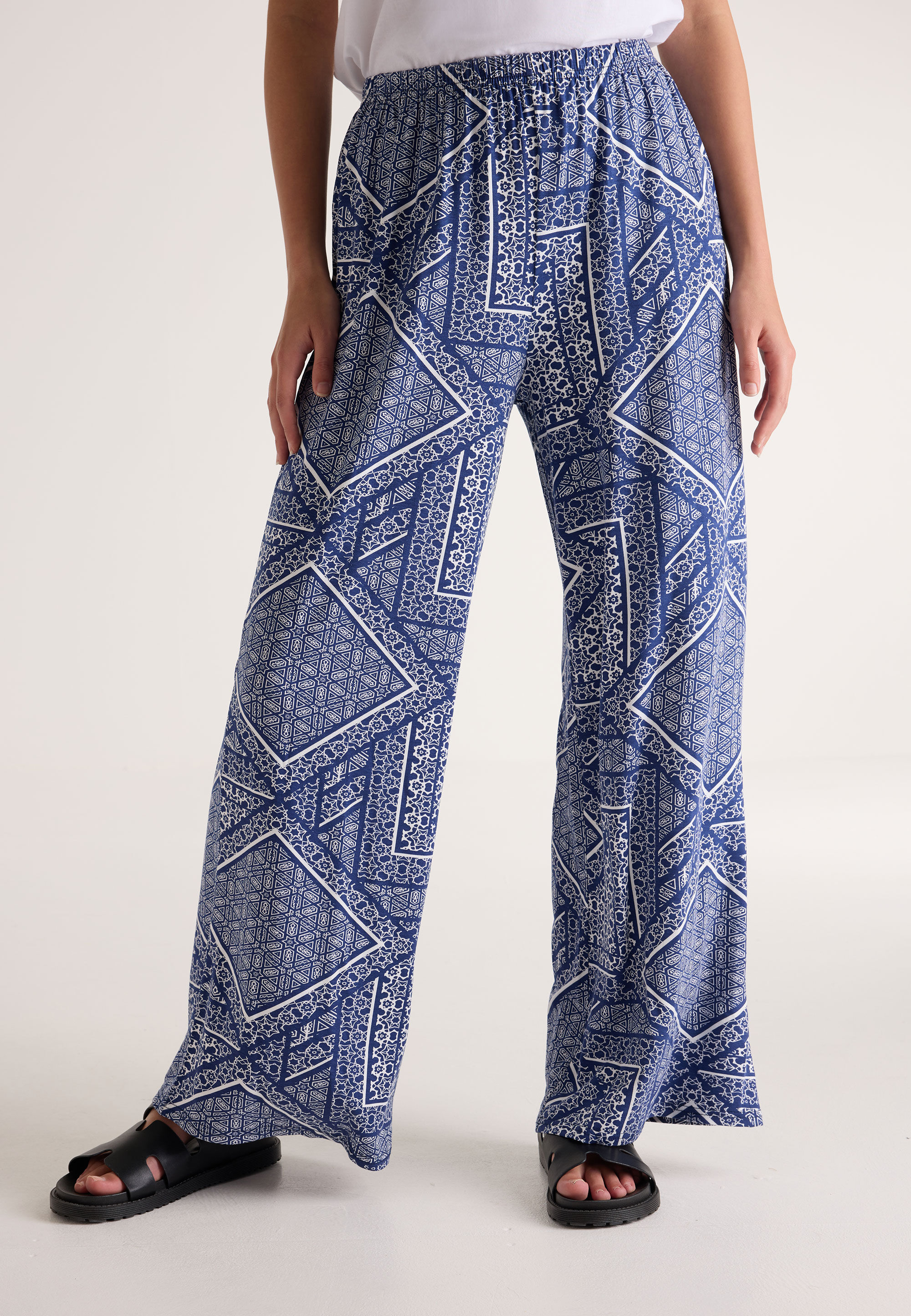 Womens Navy Print Wide Leg Trousers