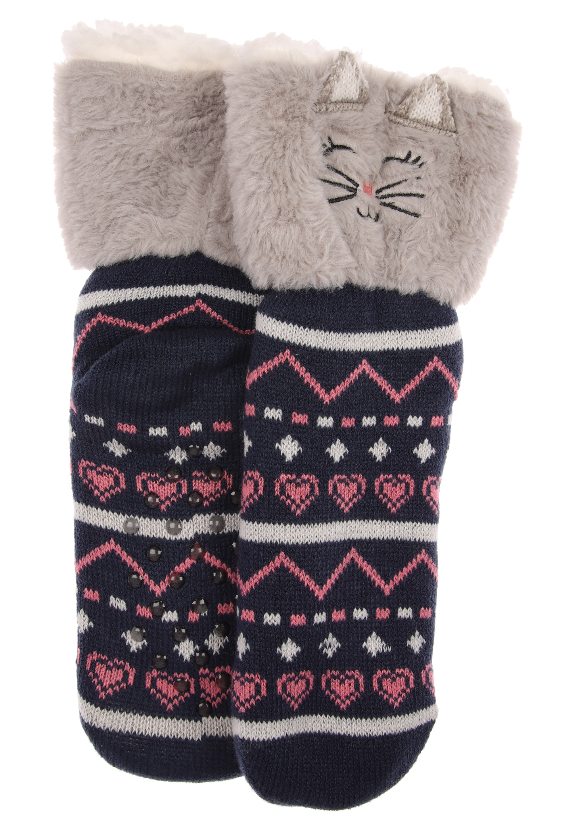 Womens 1pk Navy Fairisle Cat Slipper Socks