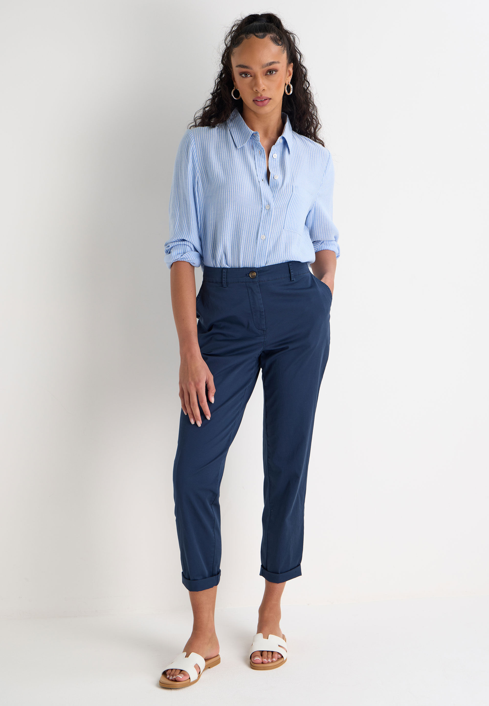 Womens Navy Plain Cropped Chino Trousers