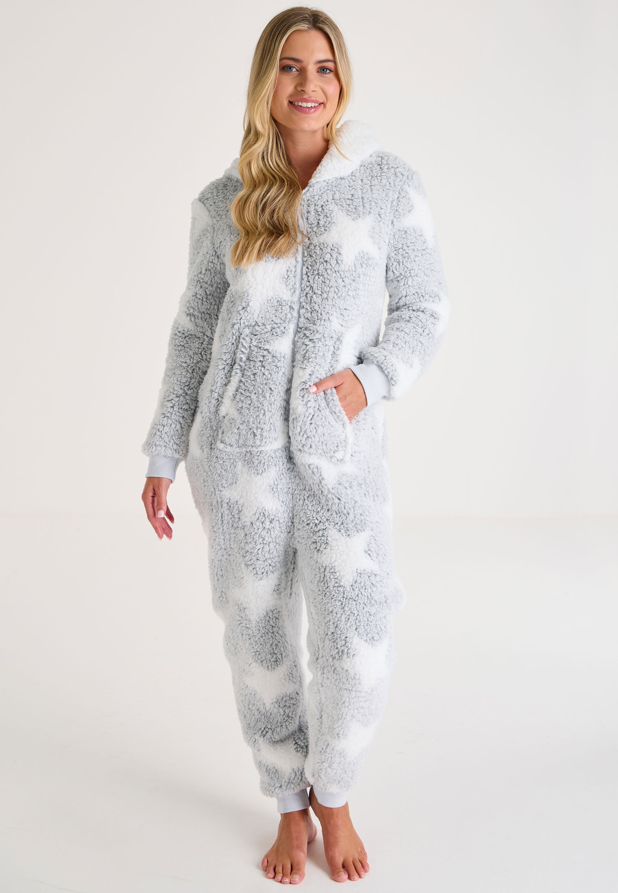 Womens Grey Star Print Sherpa Hooded Onesie