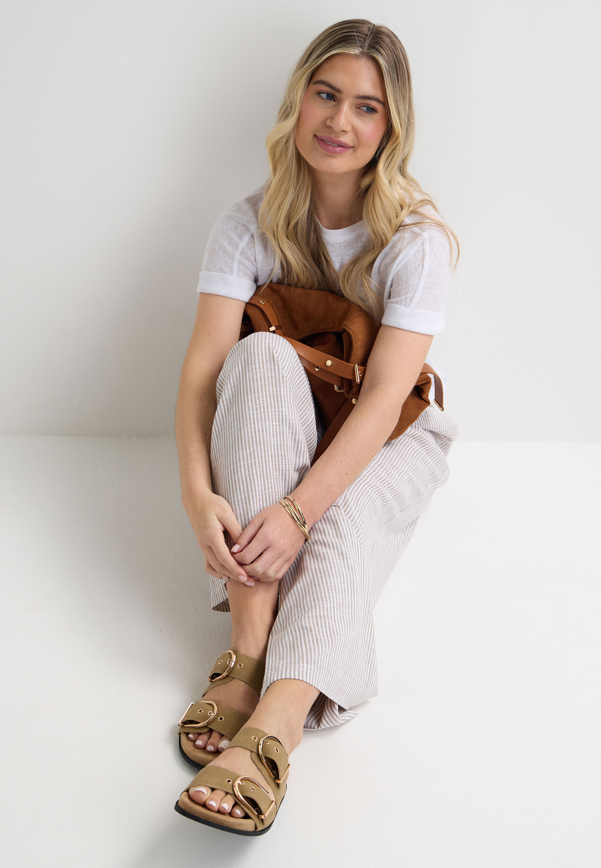 Womens Taupe Oversize Buckle Footbed Sandals