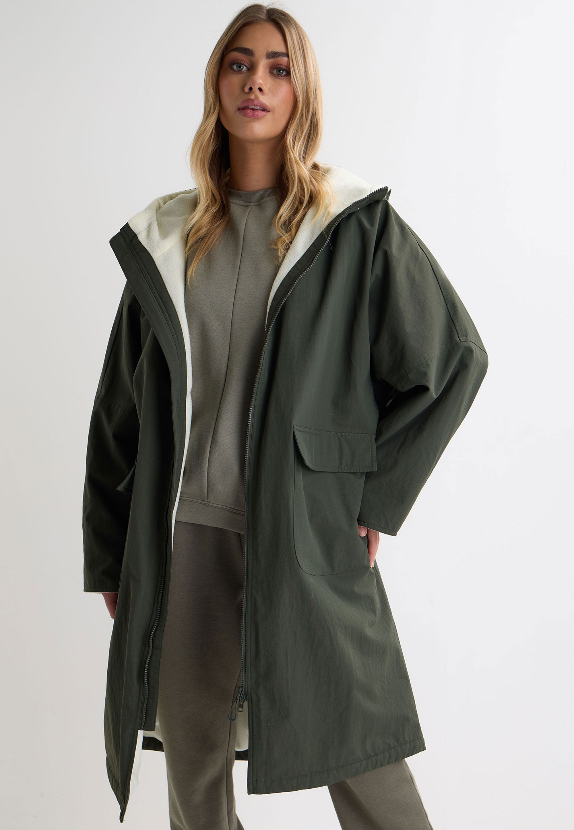 Womens Khaki Plain Fleece Lined Changing Coat