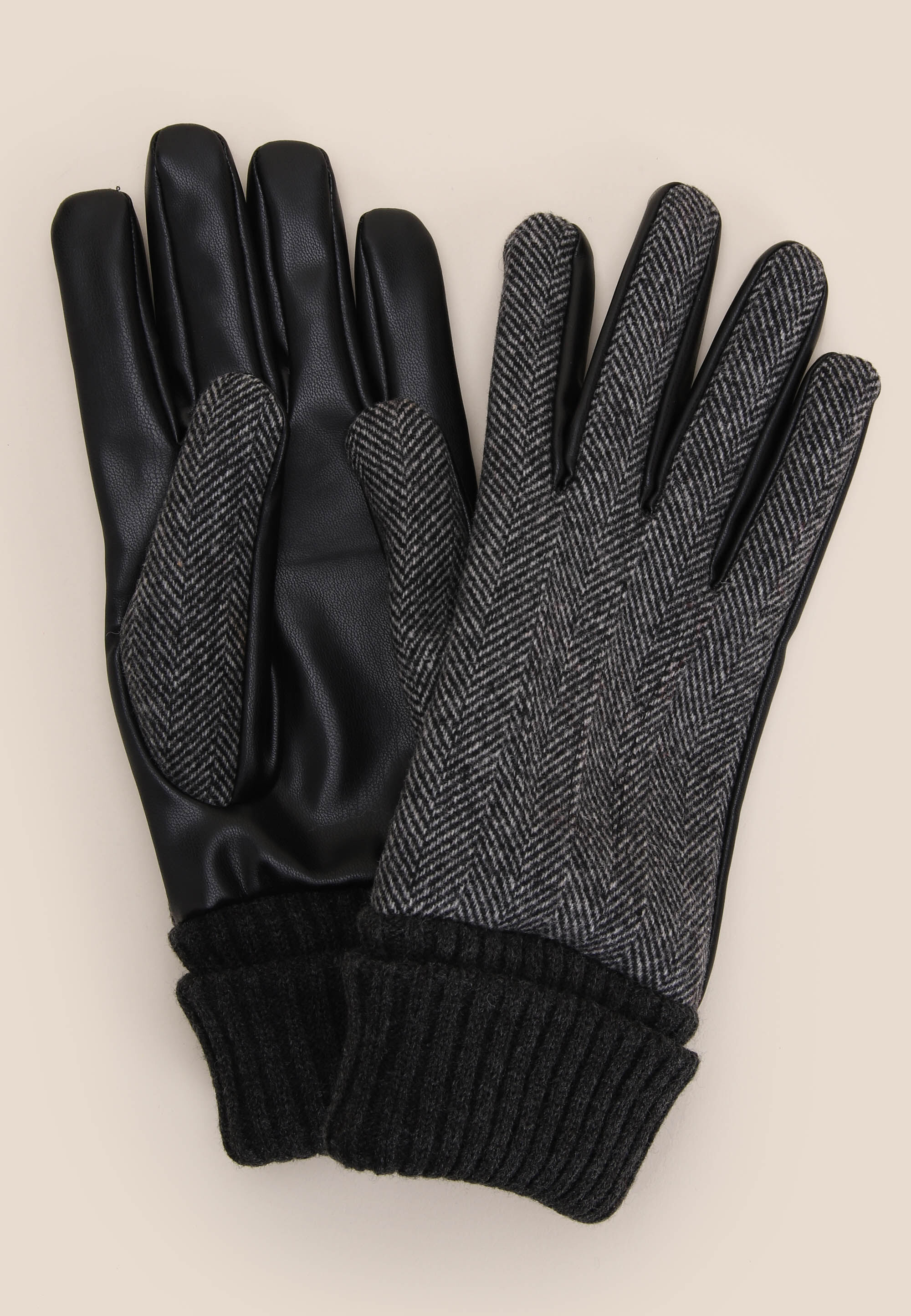 Mens Black PU Herringbone Gloves