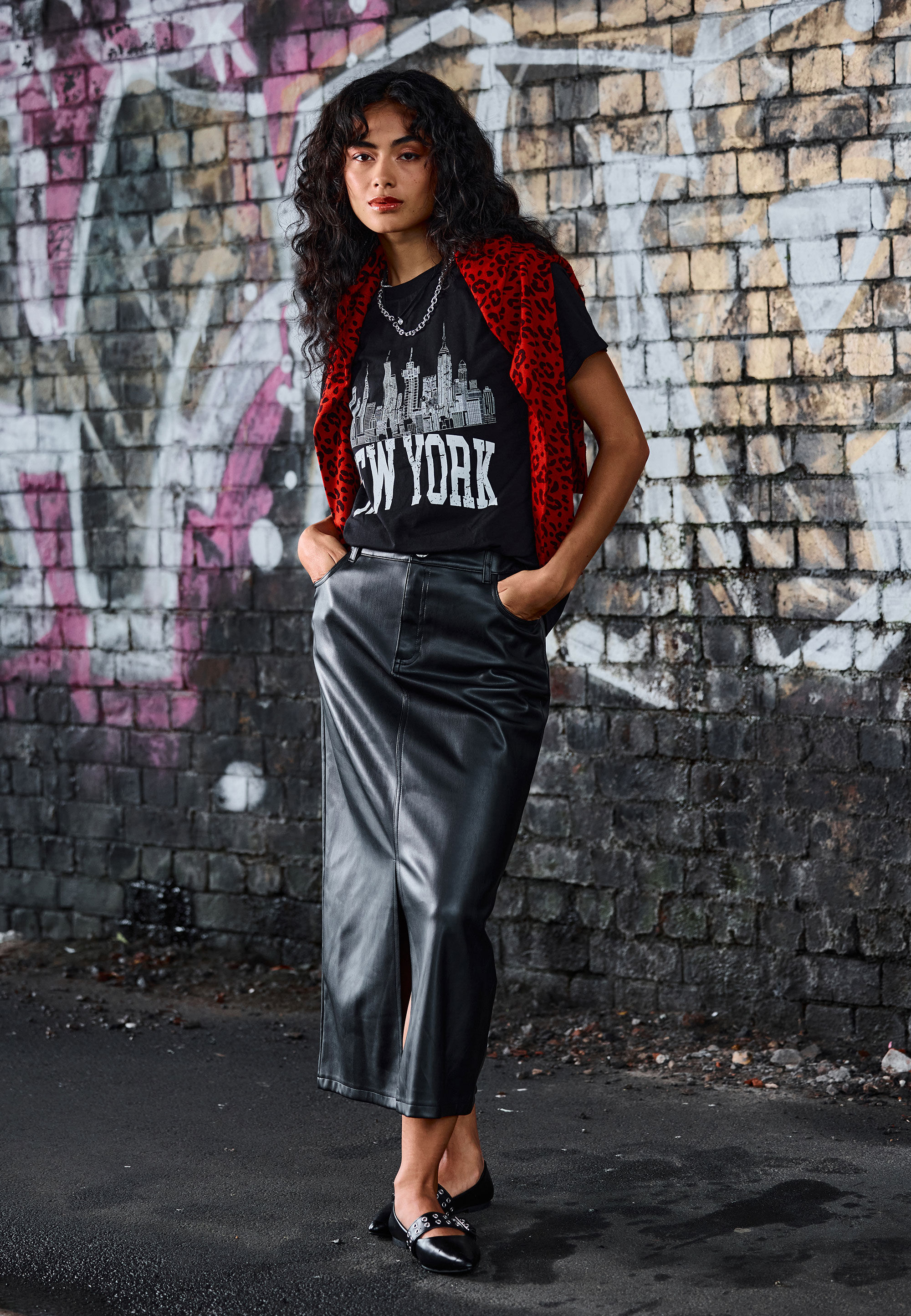 Womens Black Plain PU Midi Skirt